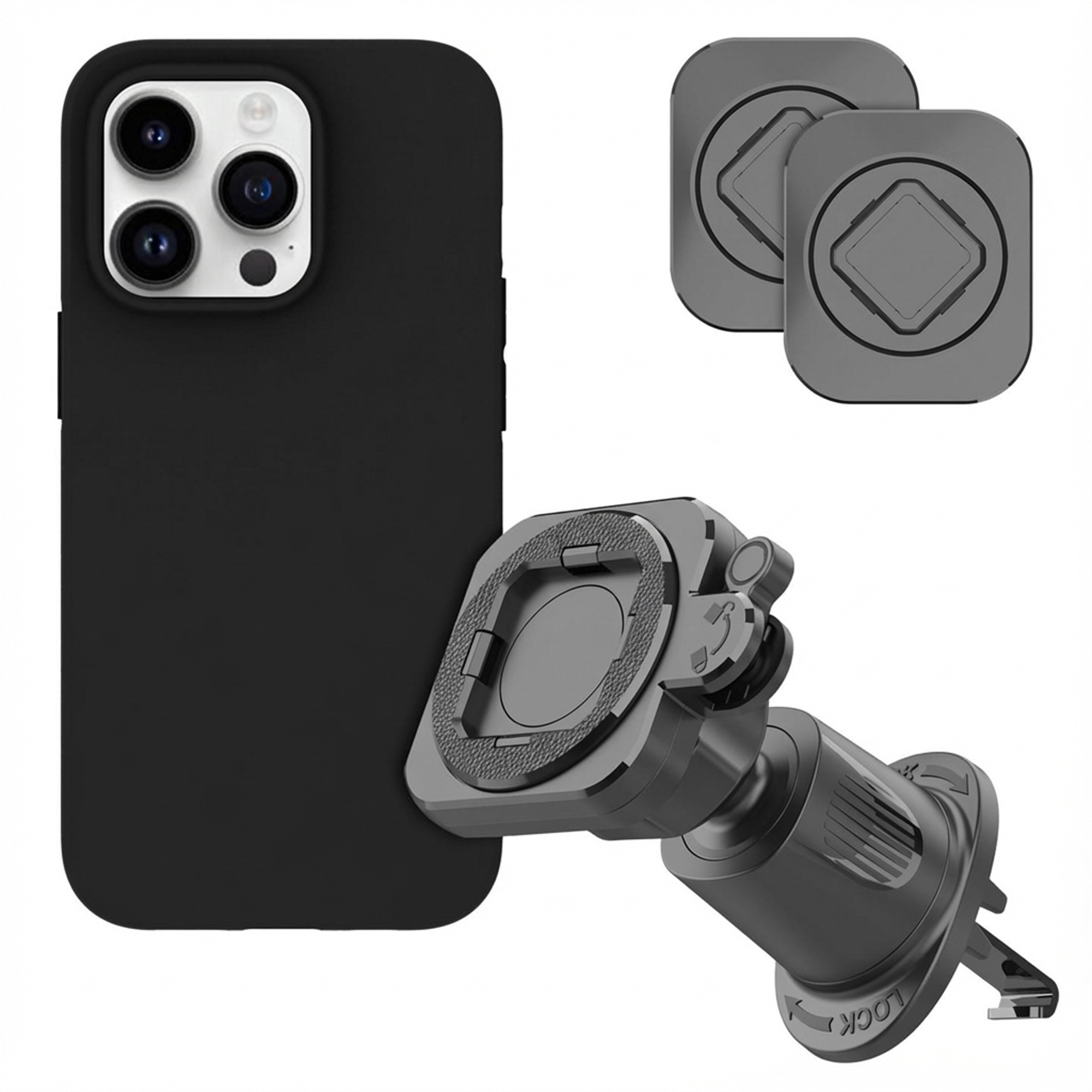 Zwarte telefoonhoes, twee magnetische ringen en een autohouder.