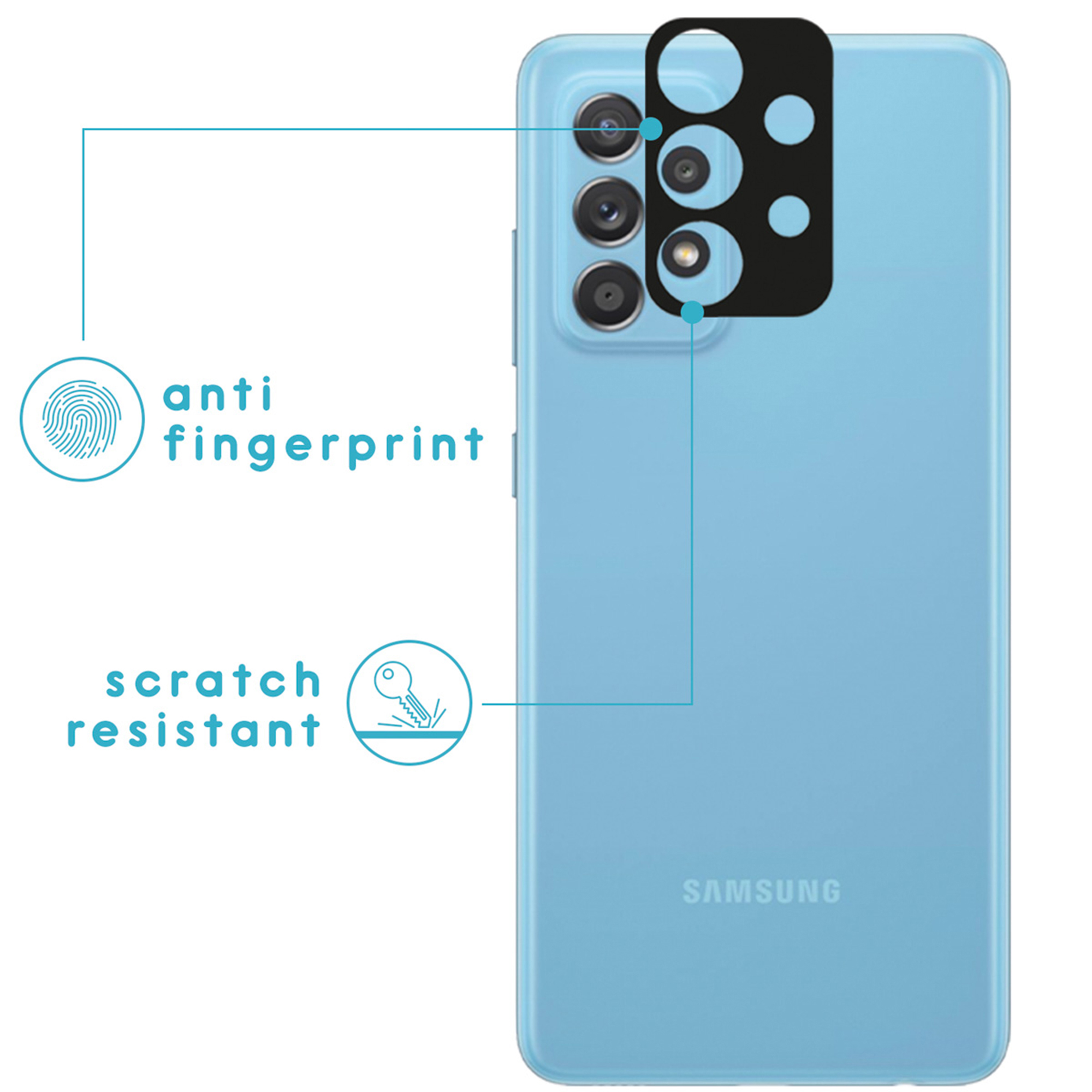 Un téléphone Samsung bleu clair avec protecteur d'appareil photo et icône anti-rayures.