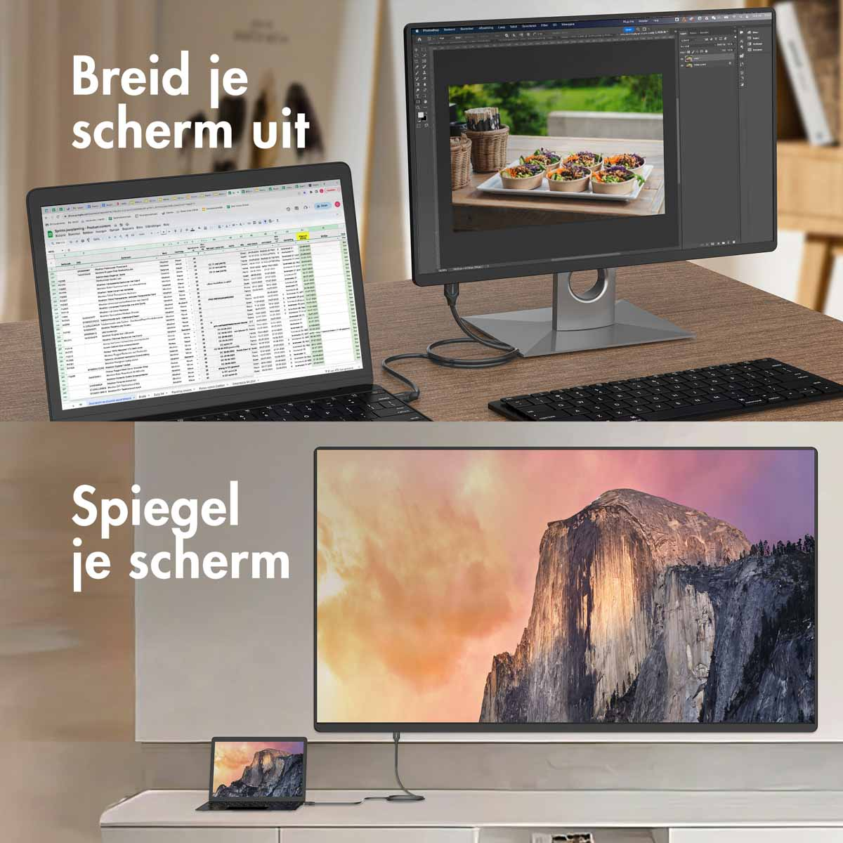 A laptop extends a monitor with spreadsheets, a second laptop mirrors a mountain on TV.