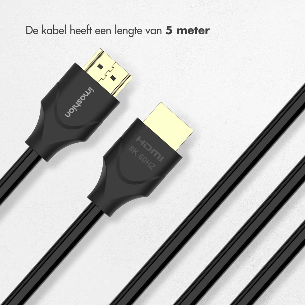 A black HDMI 8K 60Hz cable with gold-plated connectors on a white background, with text indicating it's 5 meters.