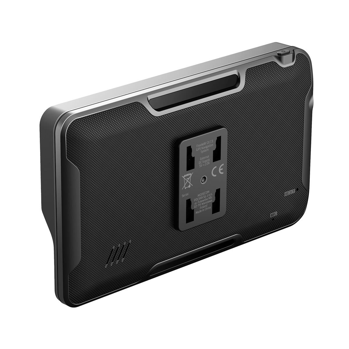 Tył czarnego systemu nawigacji GPS z srebrną ramką.