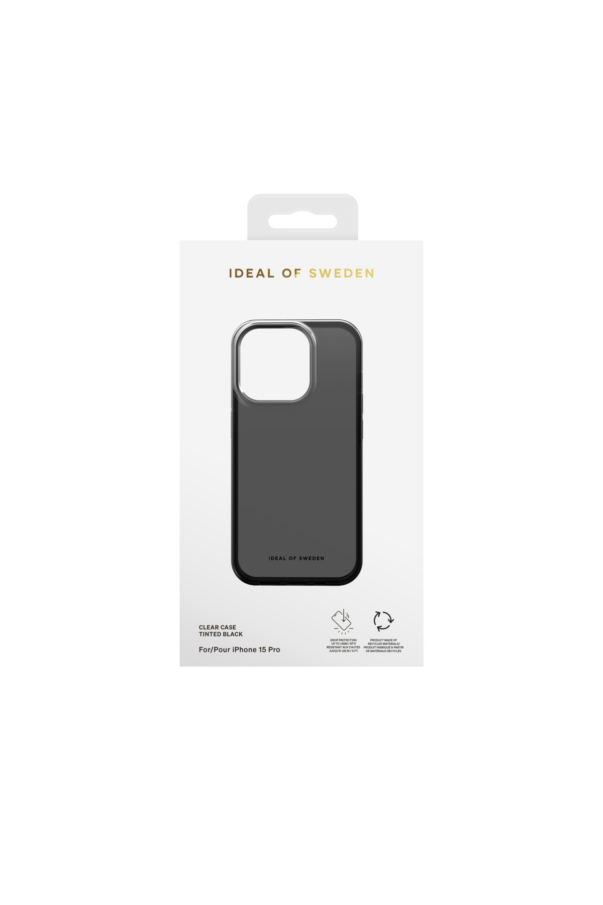 Verpackung mit schwarzer iPhone-Hülle, Ideal of Sweden Logo.