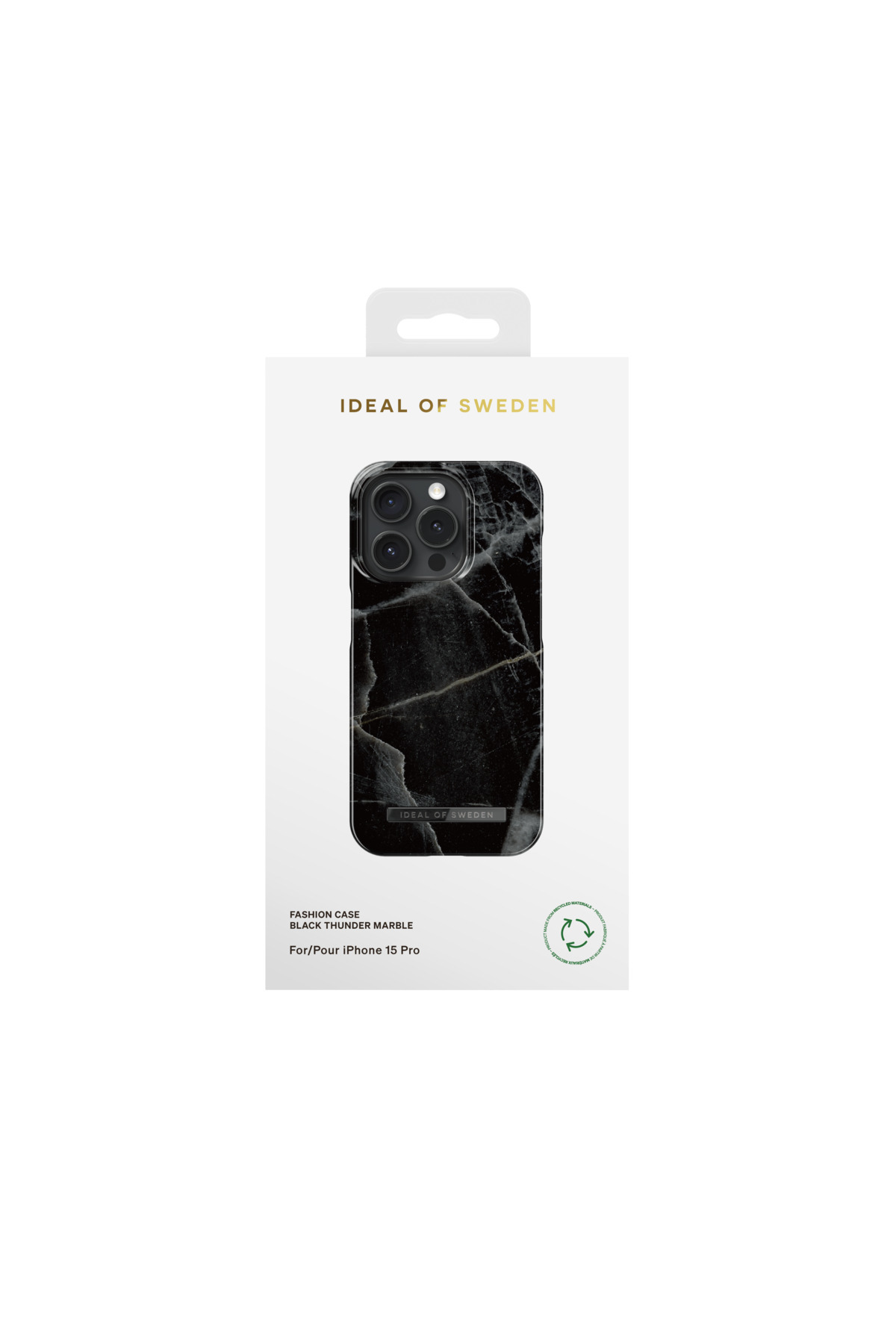 IDEAL OF SWEDEN ambalajında iPhone 15 Pro için siyah mermer telefon kılıfı.
