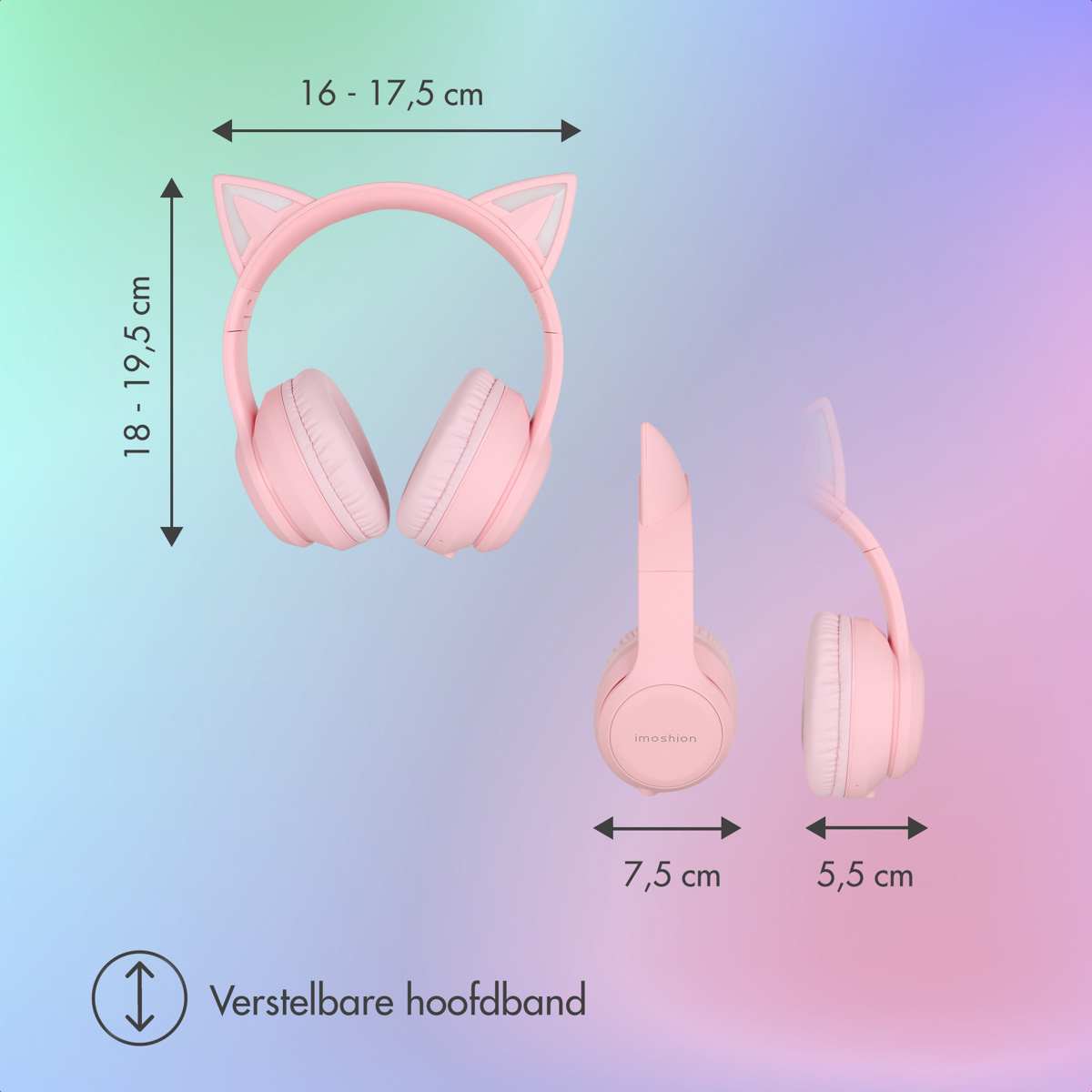 Adjustable pink cat-ear headphones with dimensions shown.