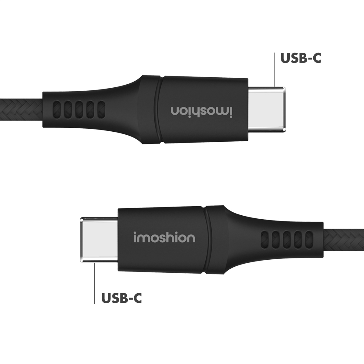 Deux câbles USB-C noirs avec le logo « imoshion » sur fond blanc.