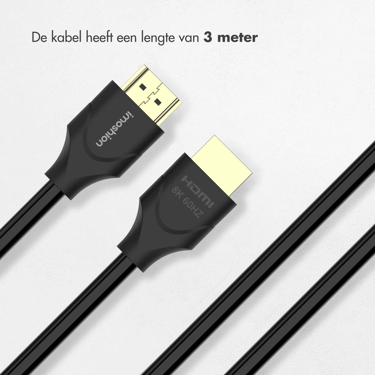 A black HDMI 8K 60HZ cable with gold-plated connectors on a white surface, text says "De kabel heeft een lengte van 3 meter".
