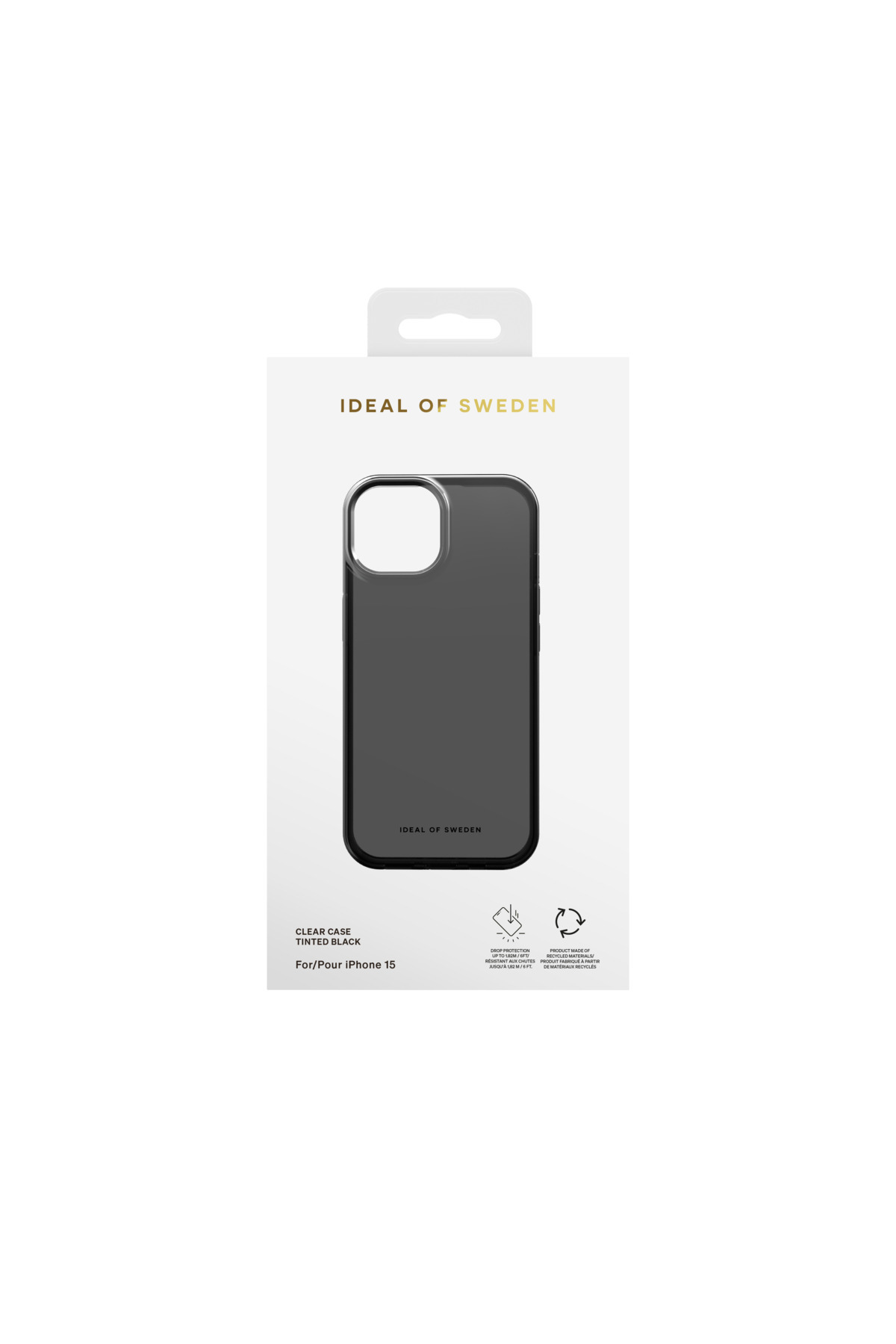 Koyu renkli şeffaf iPhone 15 kılıfı için ambalaj.
