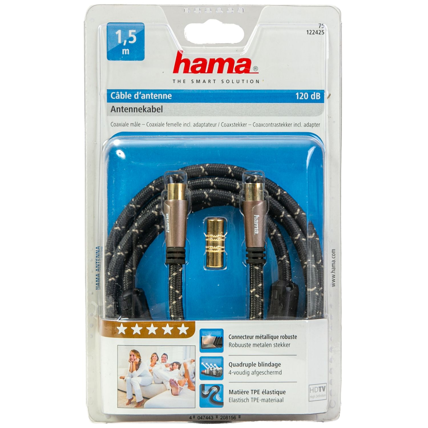 Ein Hama Antennenkabel 1,5m mit robusten Steckern und 120dB. Vierfach geschirmt.