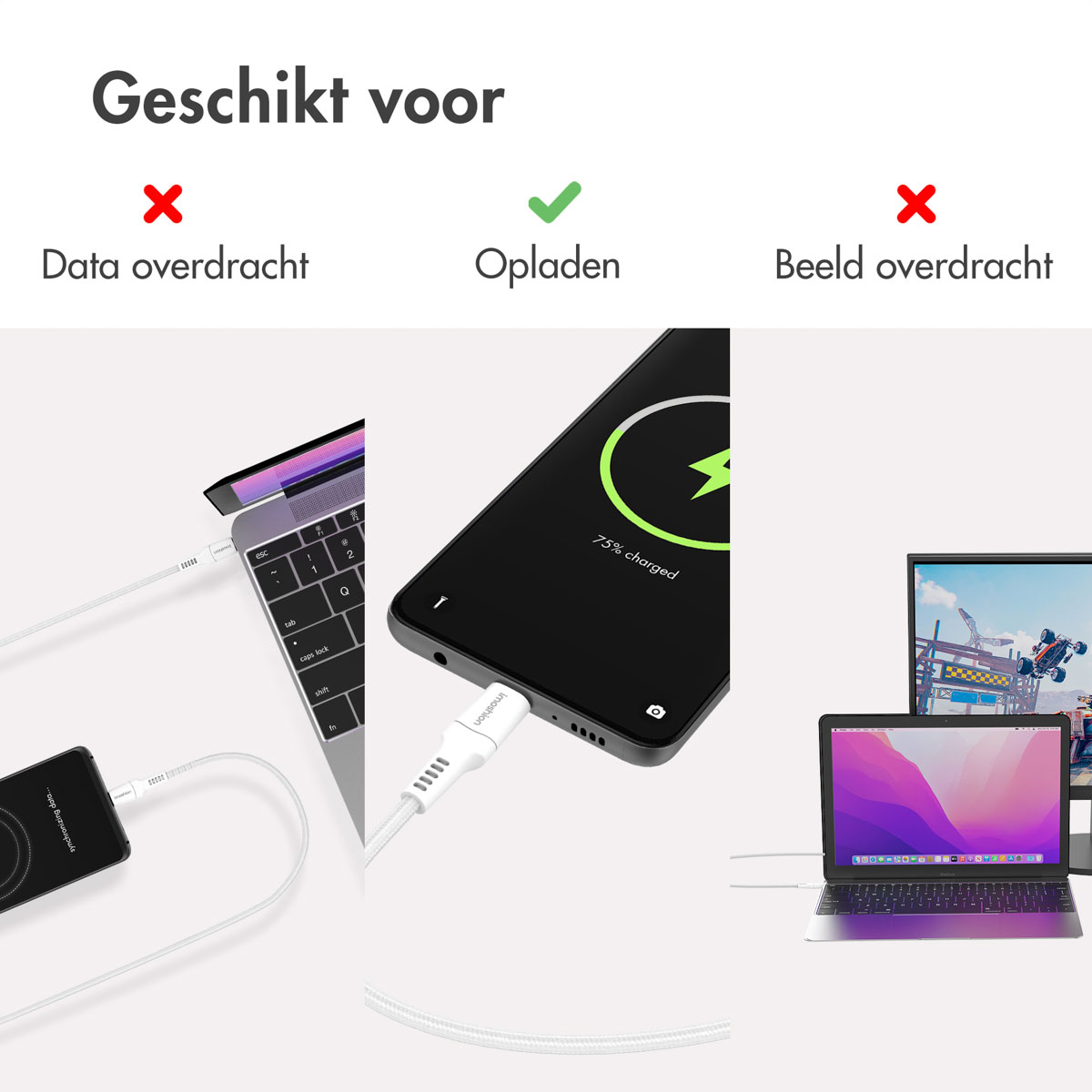 Ordinateur portable en charge, téléphone synchronisé, moniteur affiche jeu.