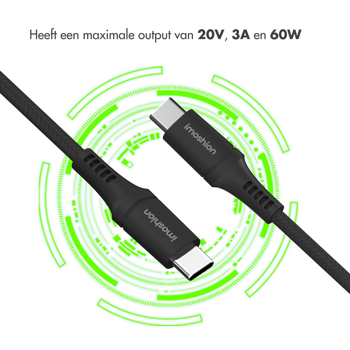 Deux câbles USB-C noirs avec des cercles verts et des détails techniques.