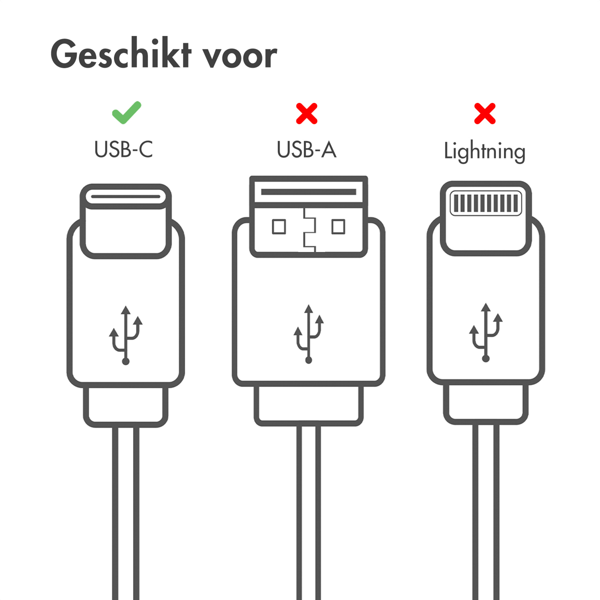 Image de trois connecteurs de câble : USB-C (avec coche), USB-A et Lightning (tous deux avec croix).