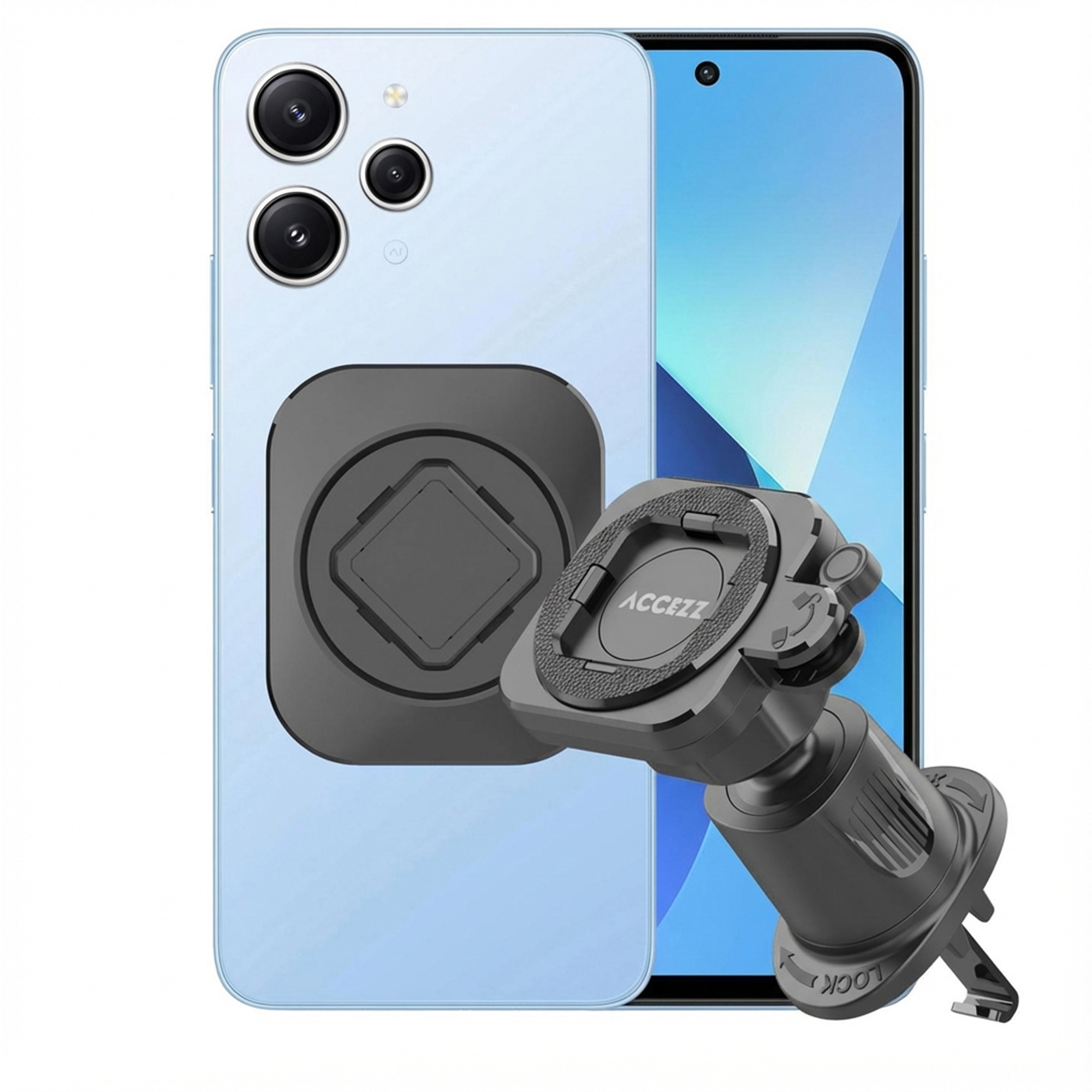 Een lichtblauwe smartphone met een donkergrijze vierkante houder op de achterkant en een telefoonhouder voor in de auto.