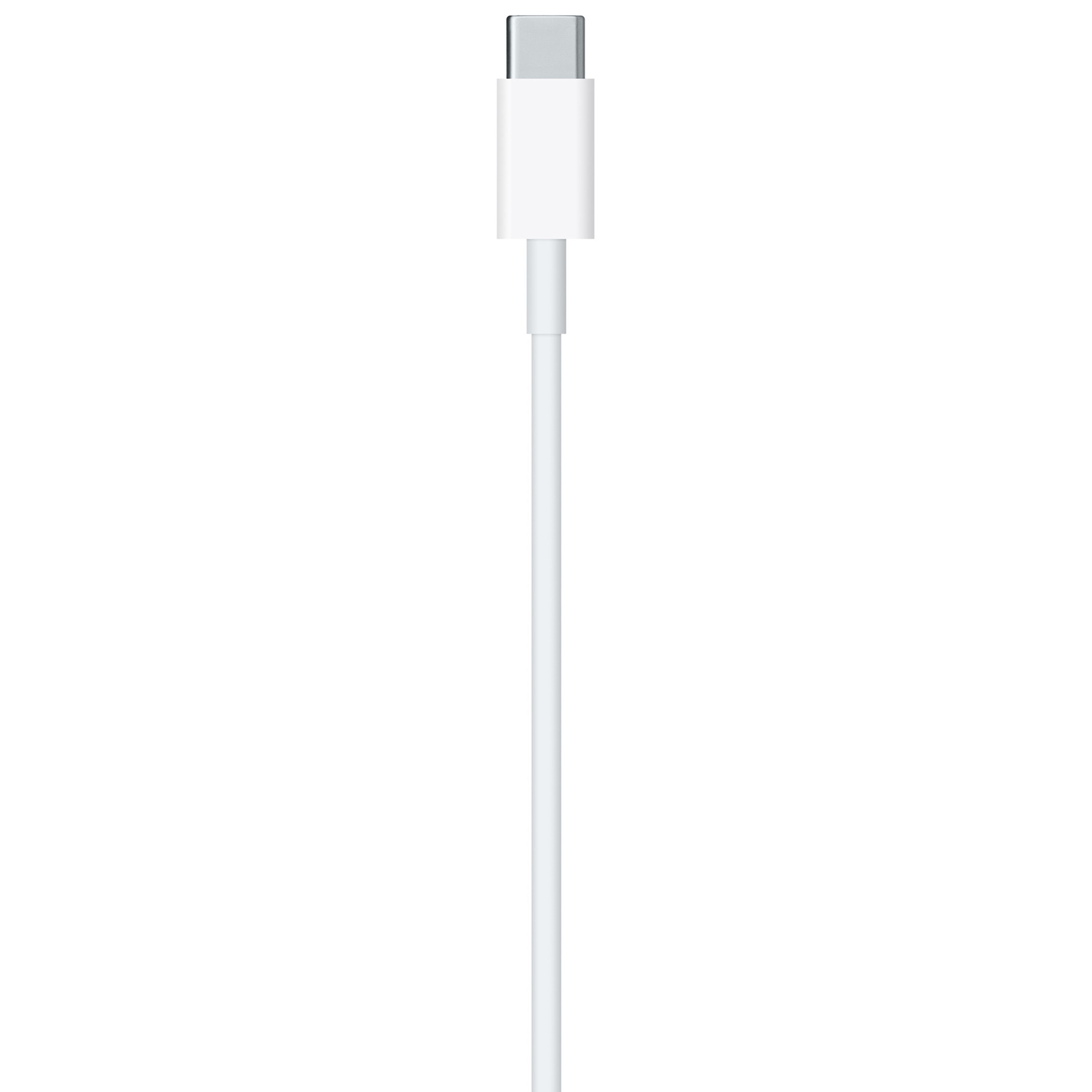 Biały kabel ładujący USB-C ze srebrną końcówką złącza jest pokazany pionowo na gładkim białym tle.