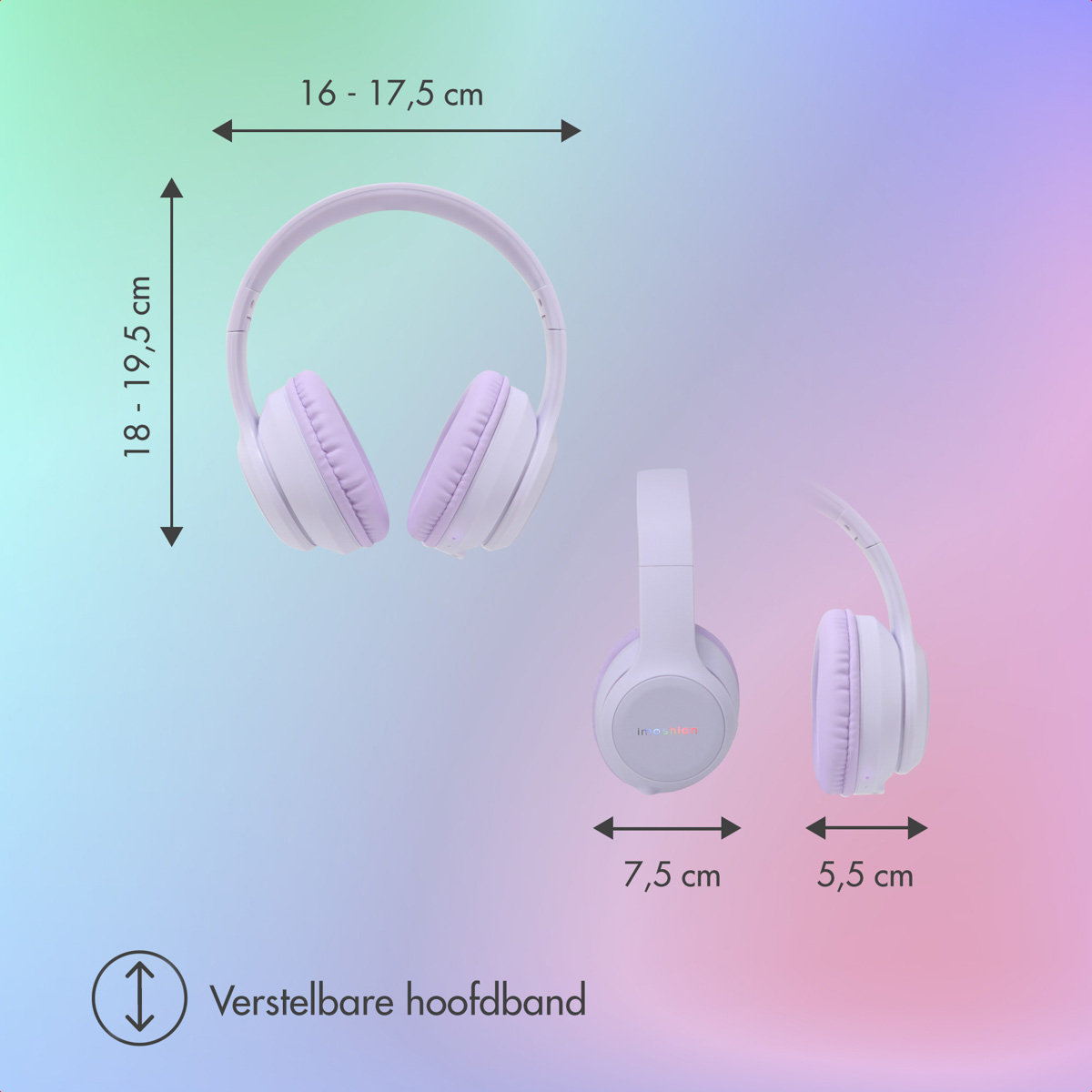 Purple headphones with dimensions: 16-17.5 cm wide, 18-19.5 cm high.
