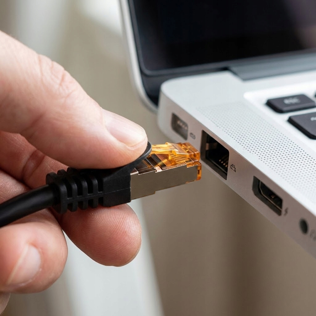 Ręka wkłada pomarańczowo-srebrny kabel ethernet do bocznego portu srebrnego laptopa, widoczna klawiatura.