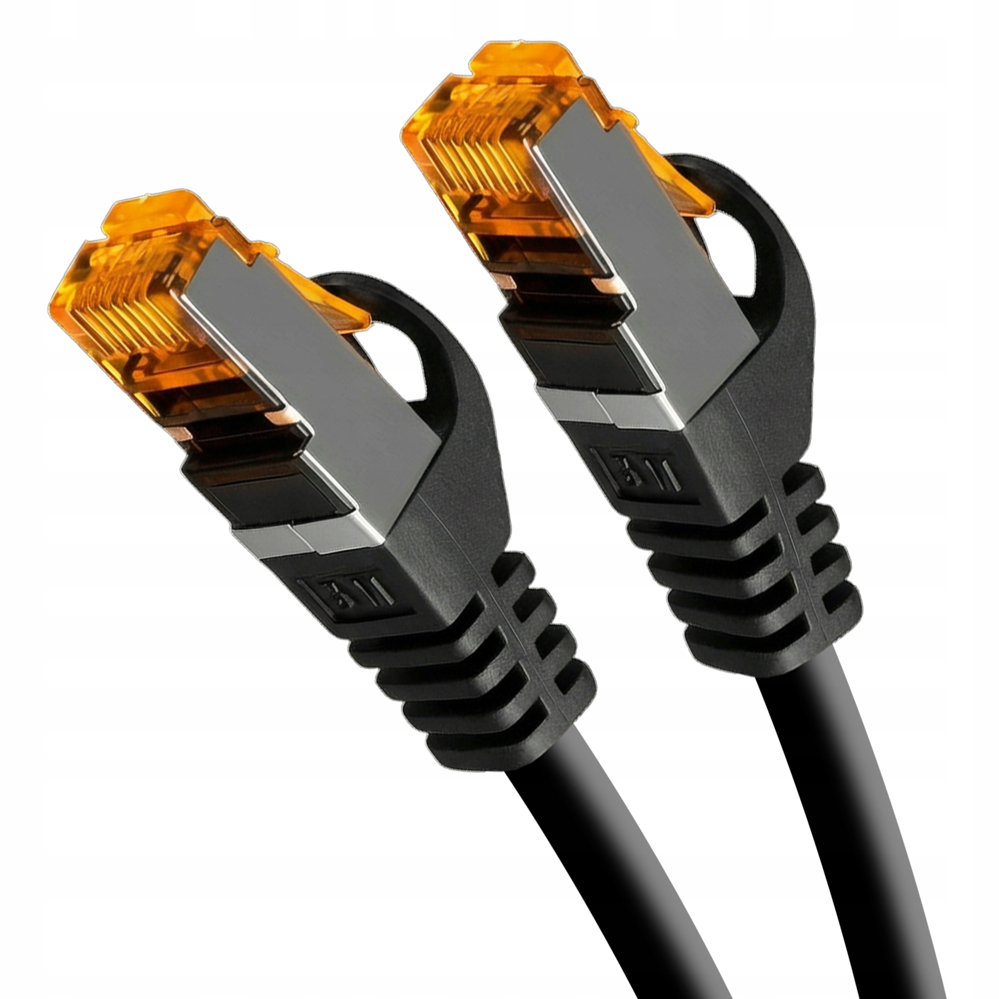 Dwa czarne kable sieciowe z przezroczystymi pomarańczowymi złączami RJ45.