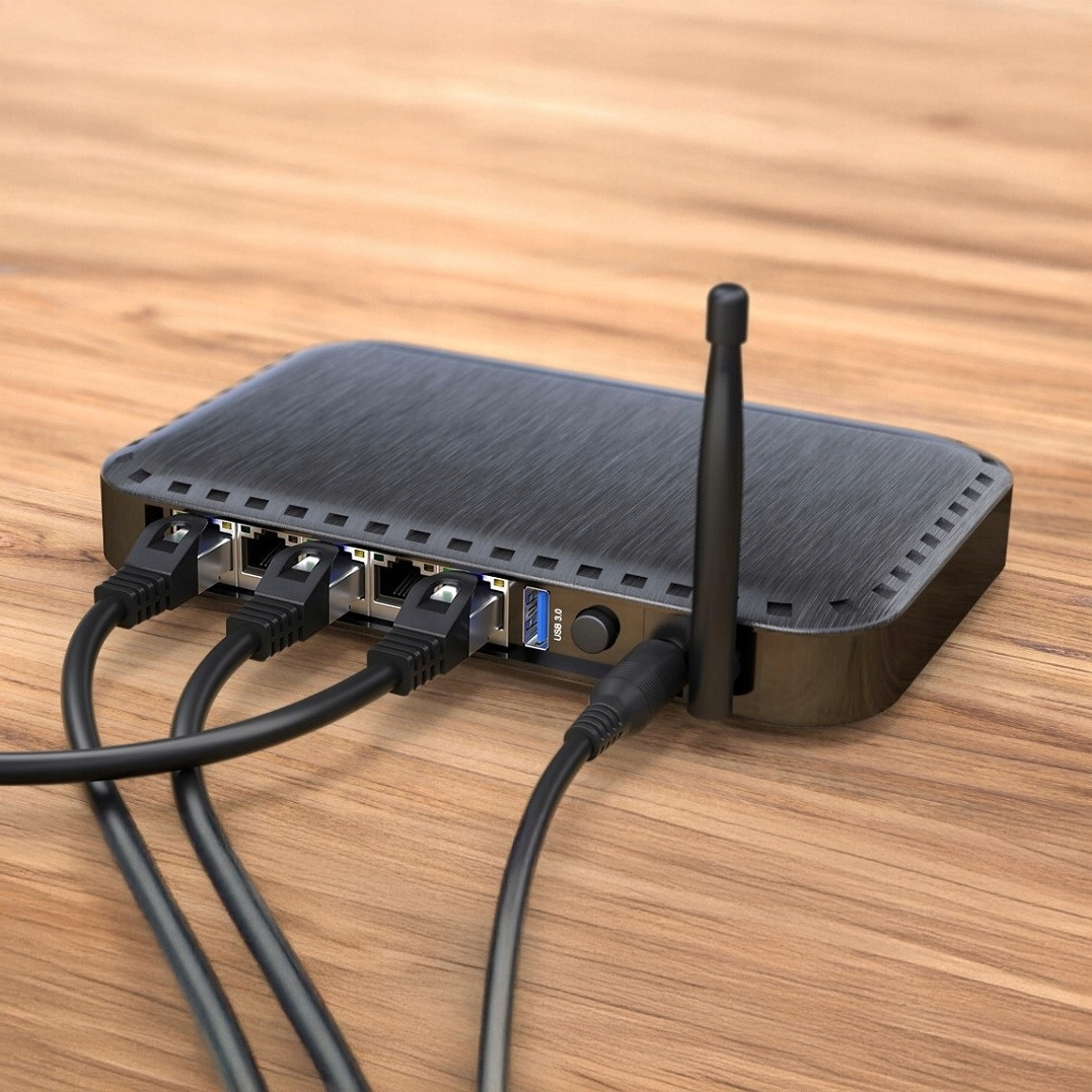 Czarny router z wieloma kablami podłączonymi do portów, w tym Ethernet, USB 3.0 i zasilania, na drewnianej powierzchni.