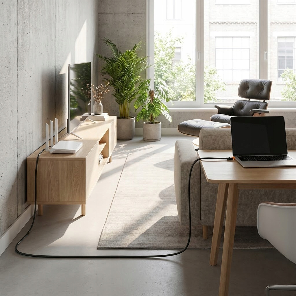 Jasny salon ze ścianami z betonu, telewizorem, roślinami, fotelem i laptopem.