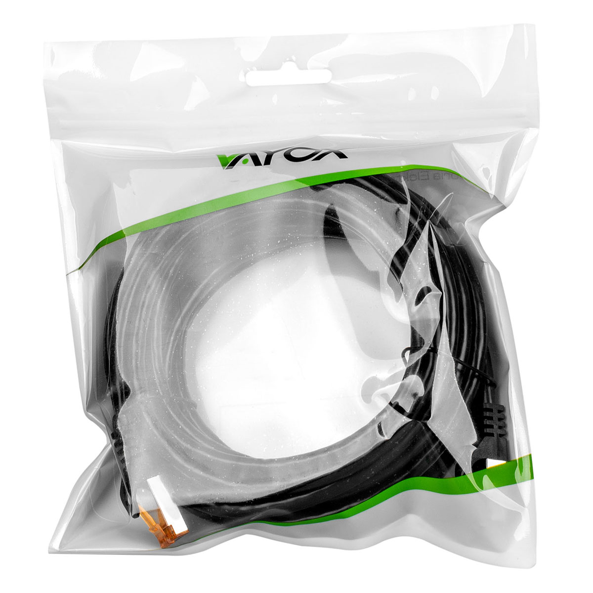 Czarny, zwinięty kabel w przezroczystym opakowaniu z zielonym paskiem i logo.