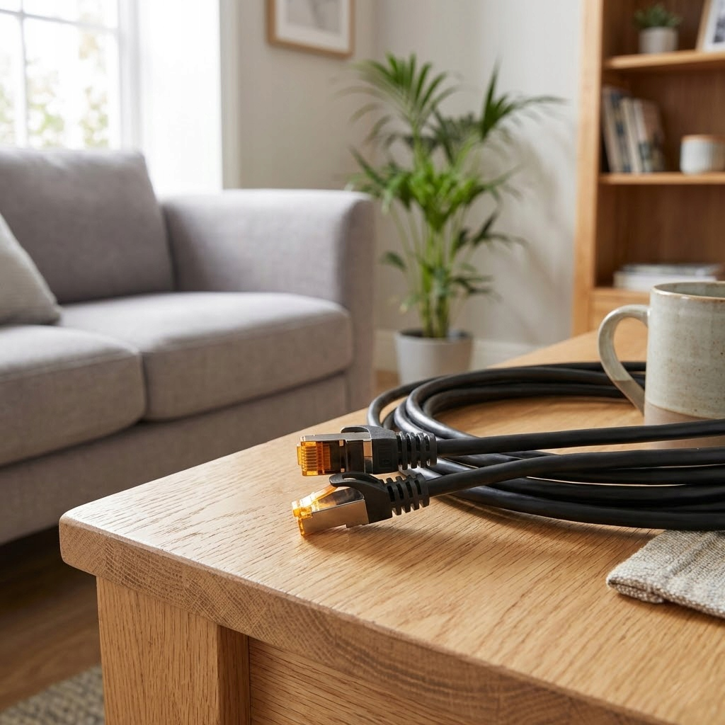 Dwa czarne kable sieciowe ze złotymi złączami leżą na drewnianym stoliku kawowym.