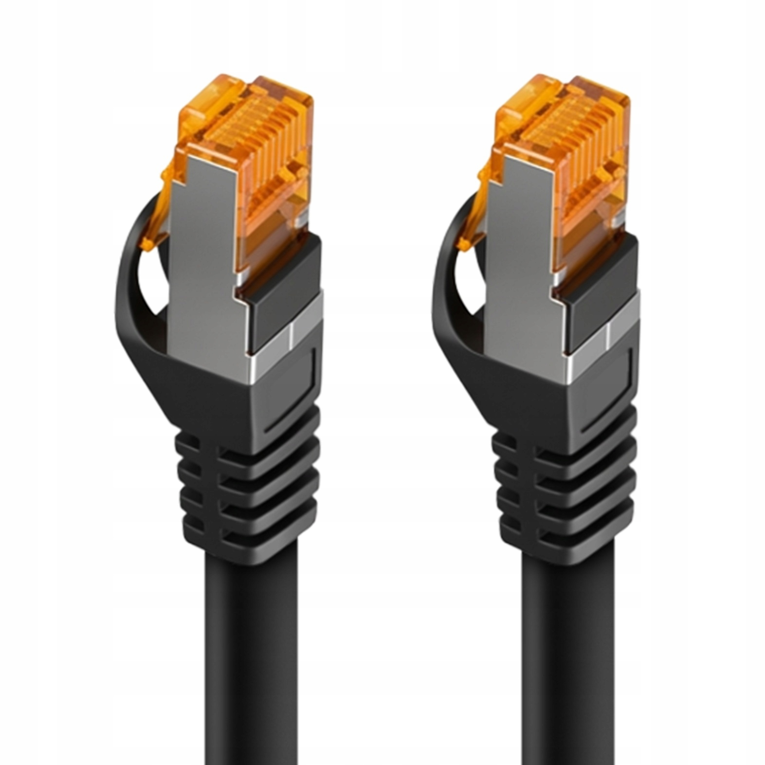 Dwa czarne kable sieciowe z pomarańczowymi złączami na białym tle.