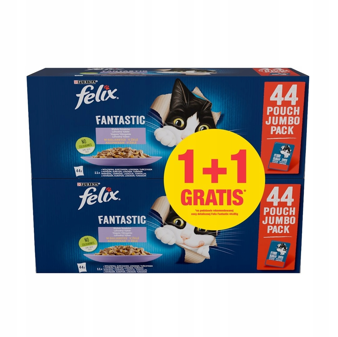 Dwa Felix Fantastic Jumbo Pack, każdy po 44 saszetki, z wizerunkami kotów i napisem 1+1 gratis.