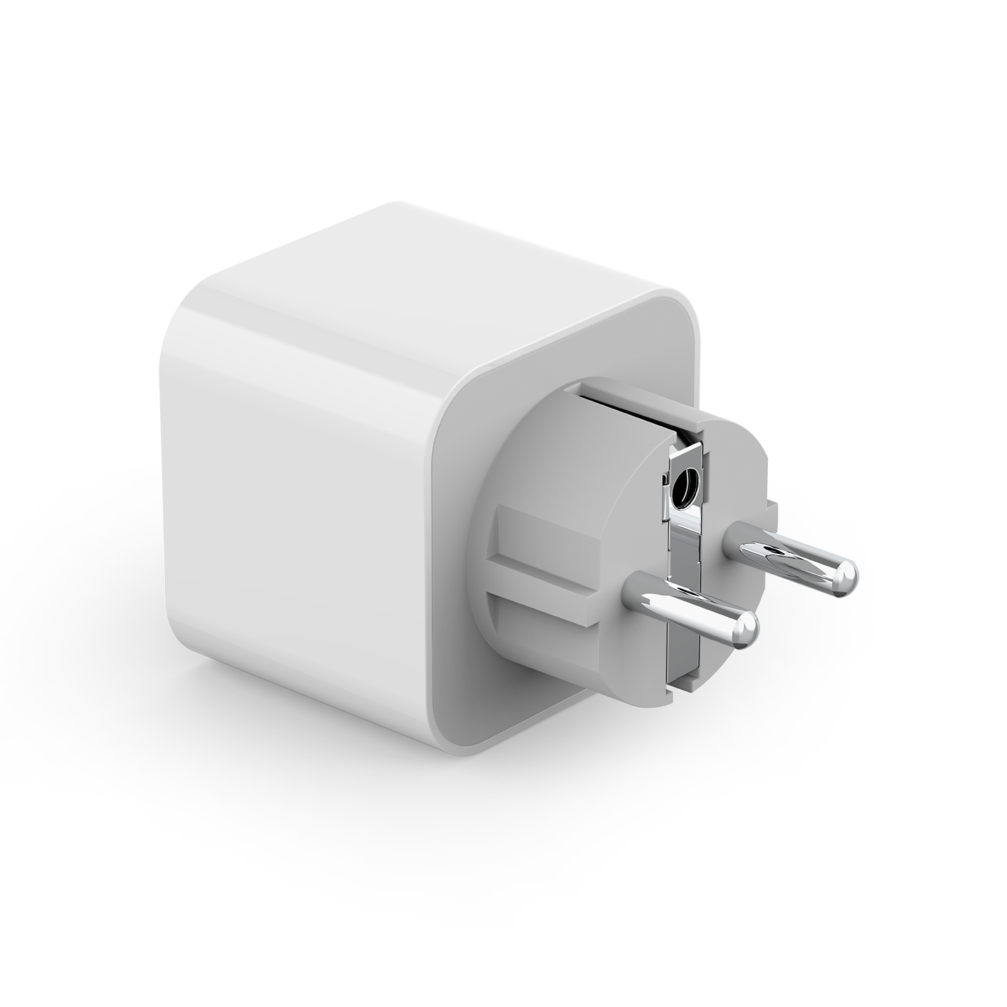 Een witte EU-stekker met twee ronde metalen pinnen op een grijze voet.