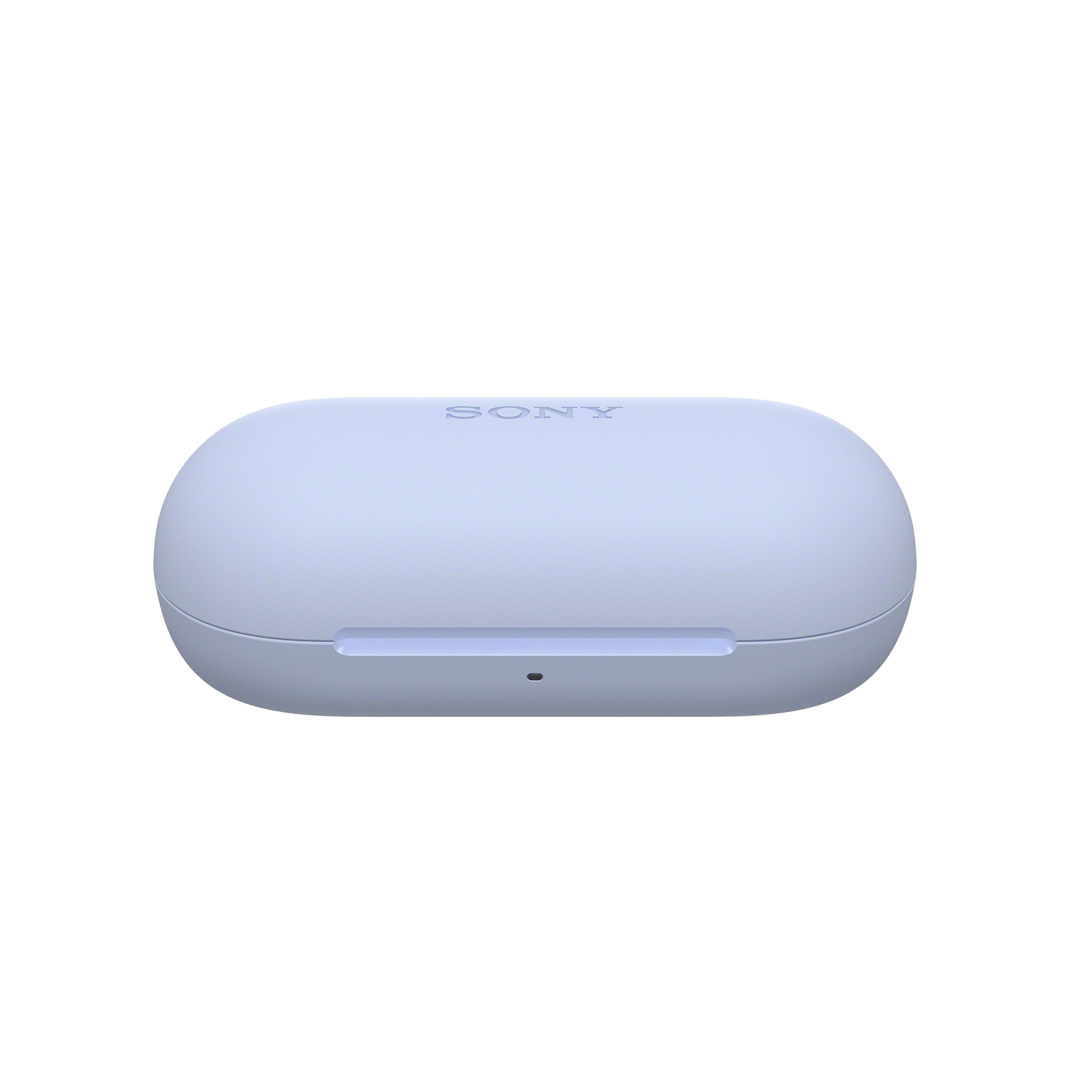 Jasnofioletowe, owalne etui ładujące na słuchawki douszne o subtelnej, teksturowanej powierzchni, z logo „SONY” na górze.