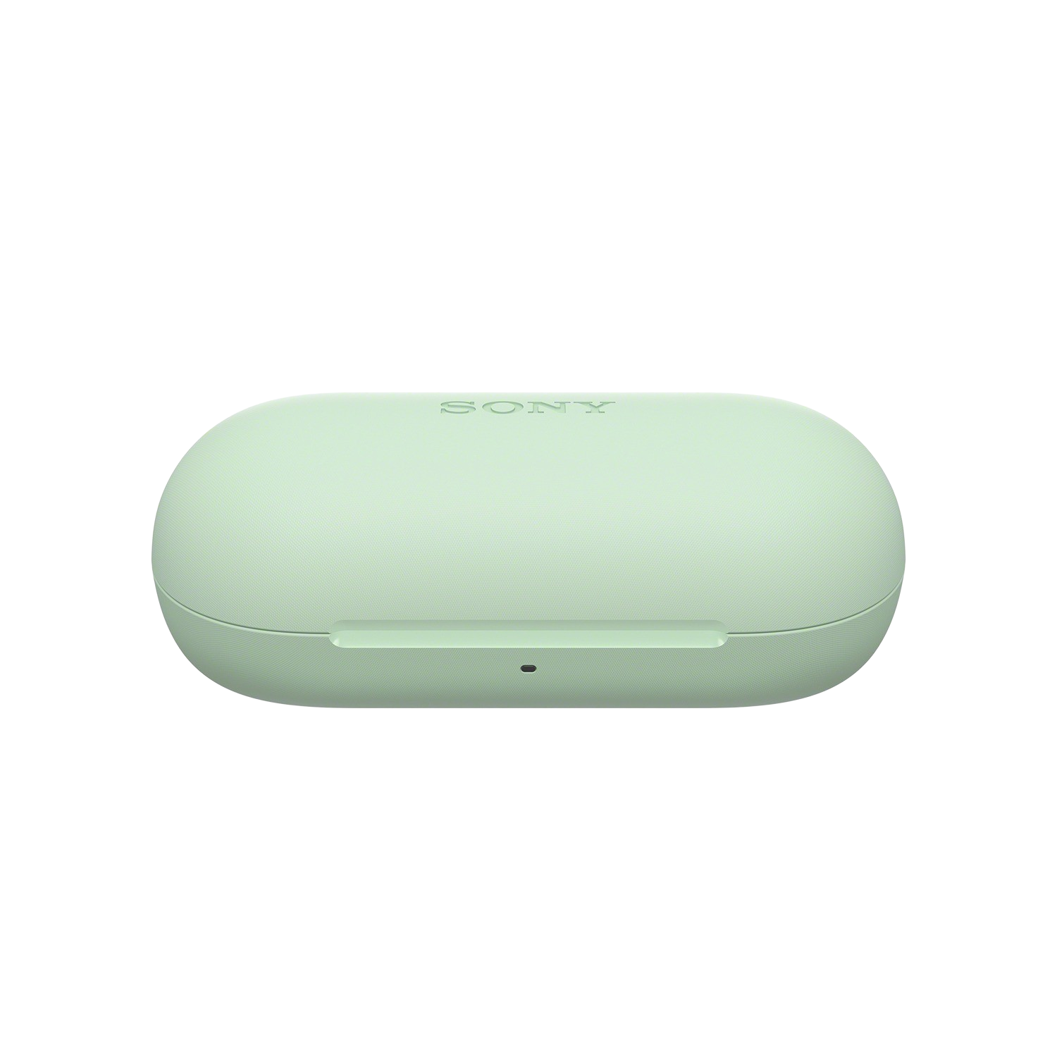 Un estuche de carga verde claro con el logo de Sony y un indicador.