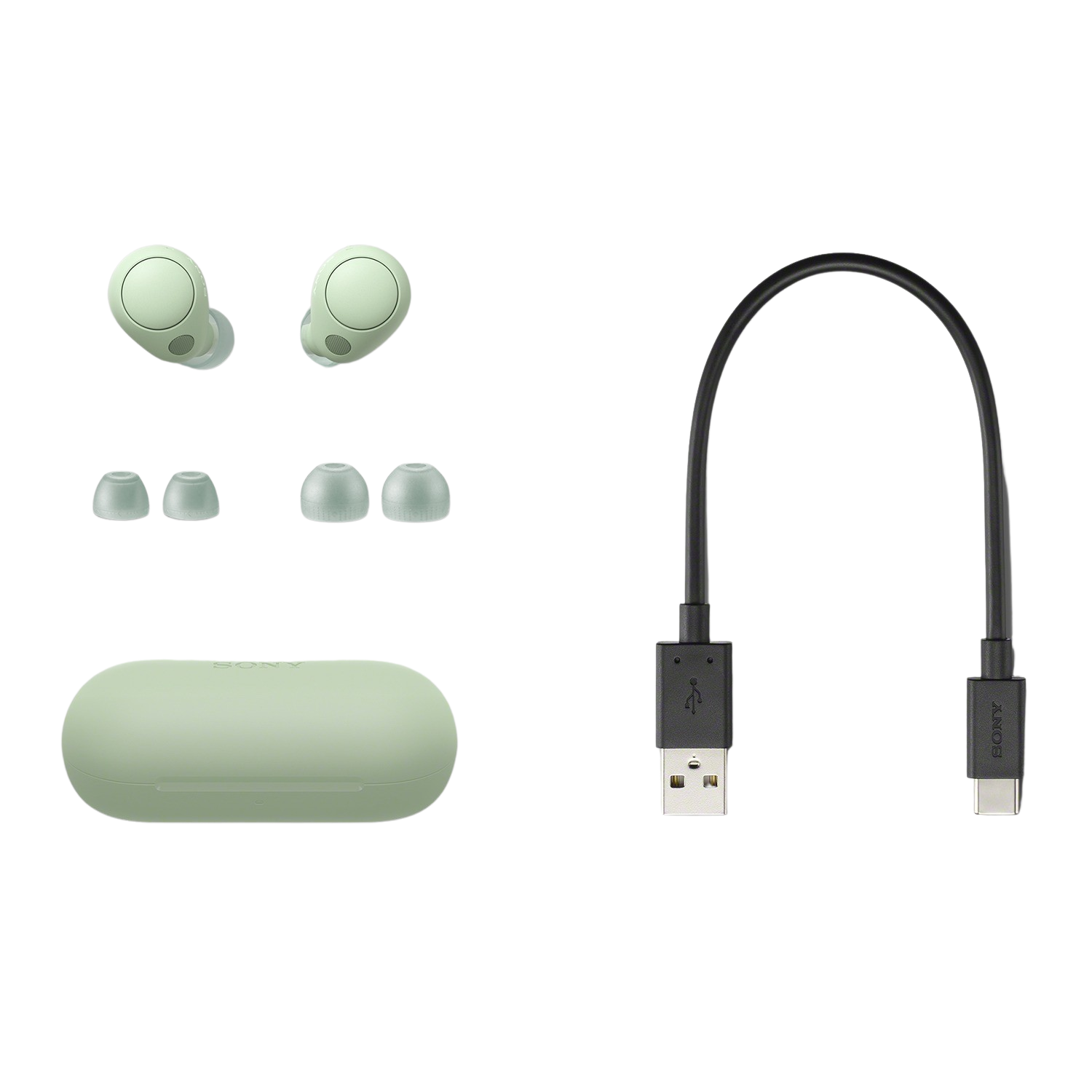 Auriculares Sony verde claro, estuche de carga y cable USB-C sobre fondo negro.