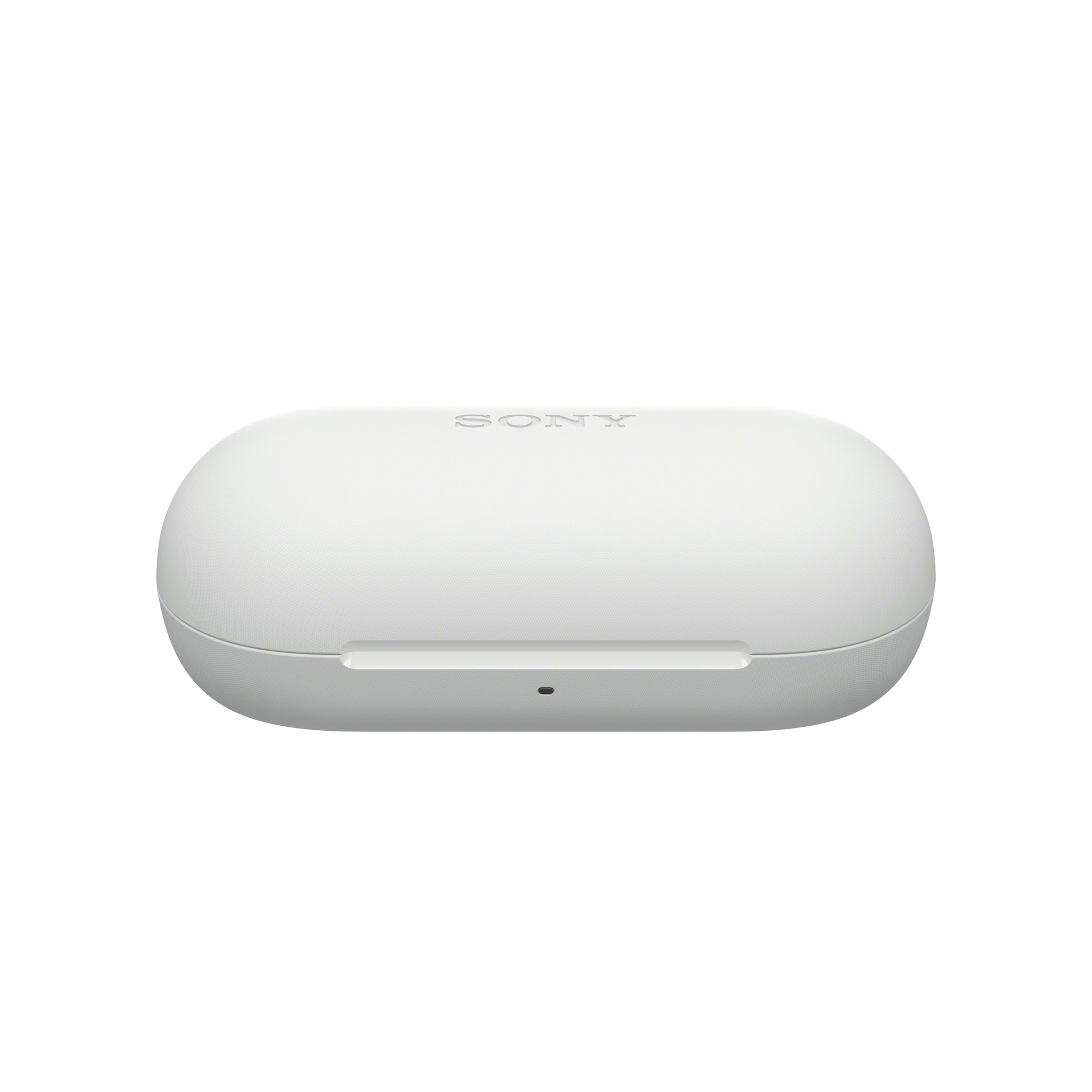 Geschlossenes weißes Ladeetui mit Sony-Logo und Ladeanzeige.
