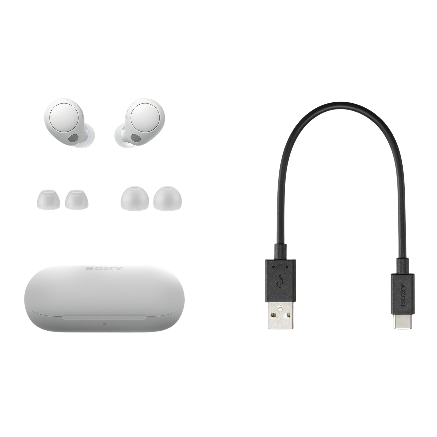Weiße Sony Ohrhörer, Ladecase und USB-C-Kabel auf schwarzem Hintergrund.