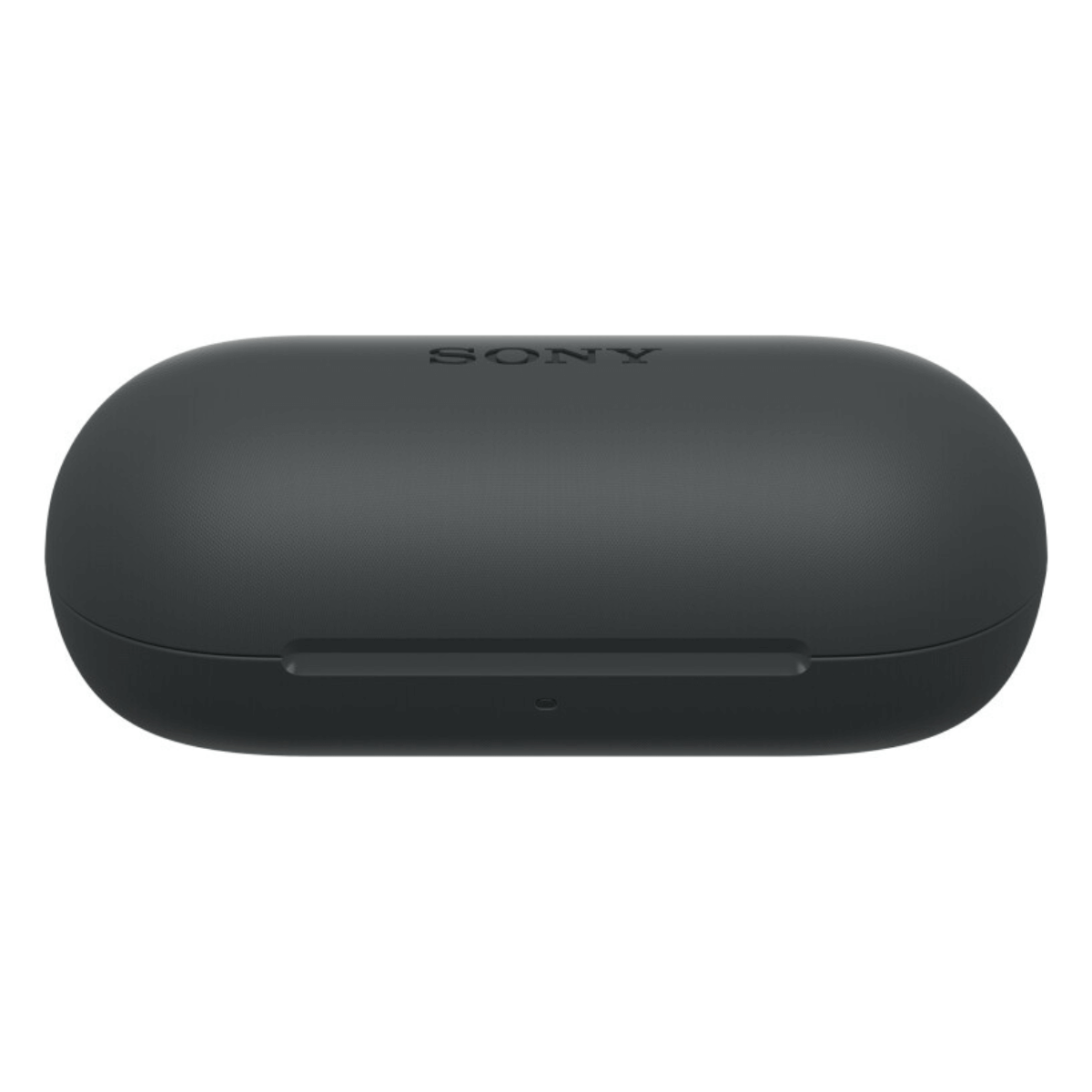 Estuche de carga gris oscuro con logo de Sony. Fondo blanco limpio.