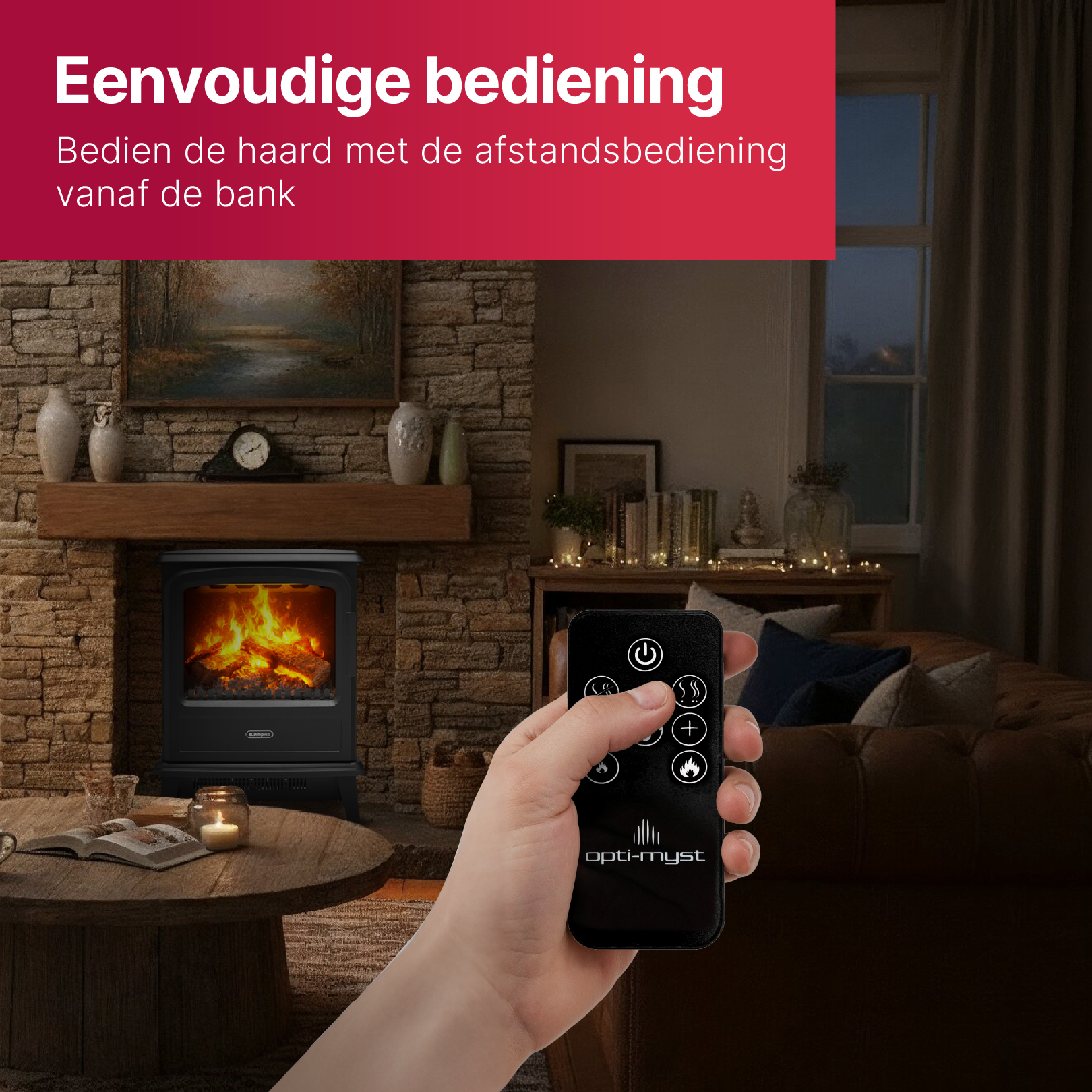 A hand holds a remote control in front of a fireplace with flames.
