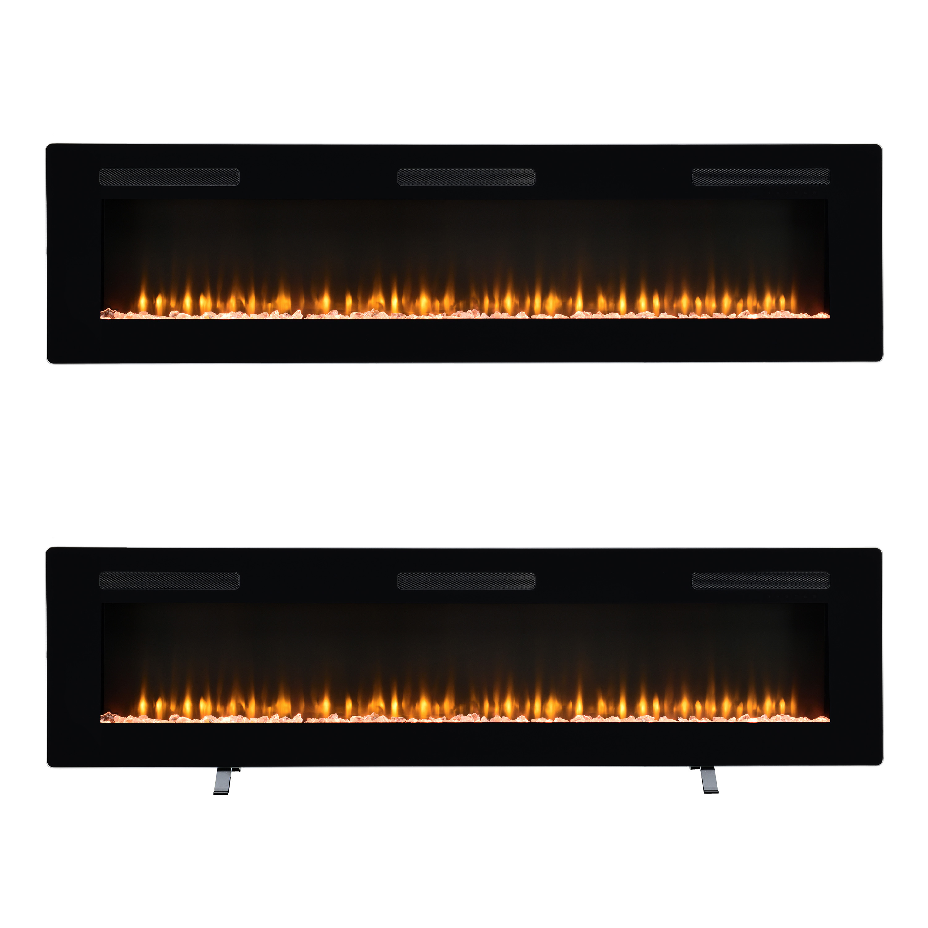Twee zwarte elektrische haarden met gloeiende oranje vlammen en lichtgekleurde decoratieve stenen, tegen een witte achtergrond.