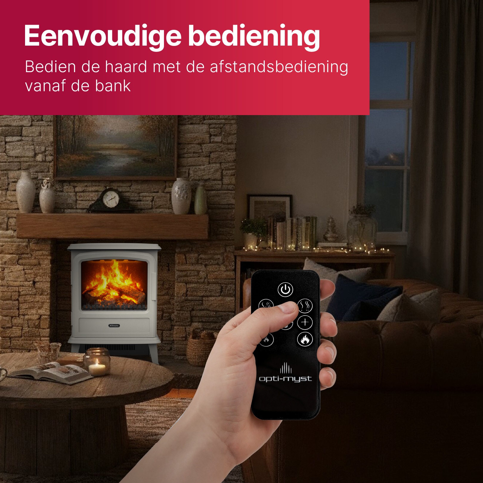 A hand holds a remote control in front of a fireplace with a fire.