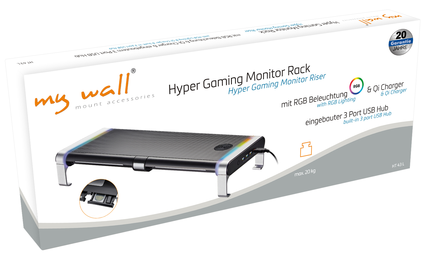 Monitorständer mit RGB-Beleuchtung, Qi-Ladegerät und 3 USB-Ports.