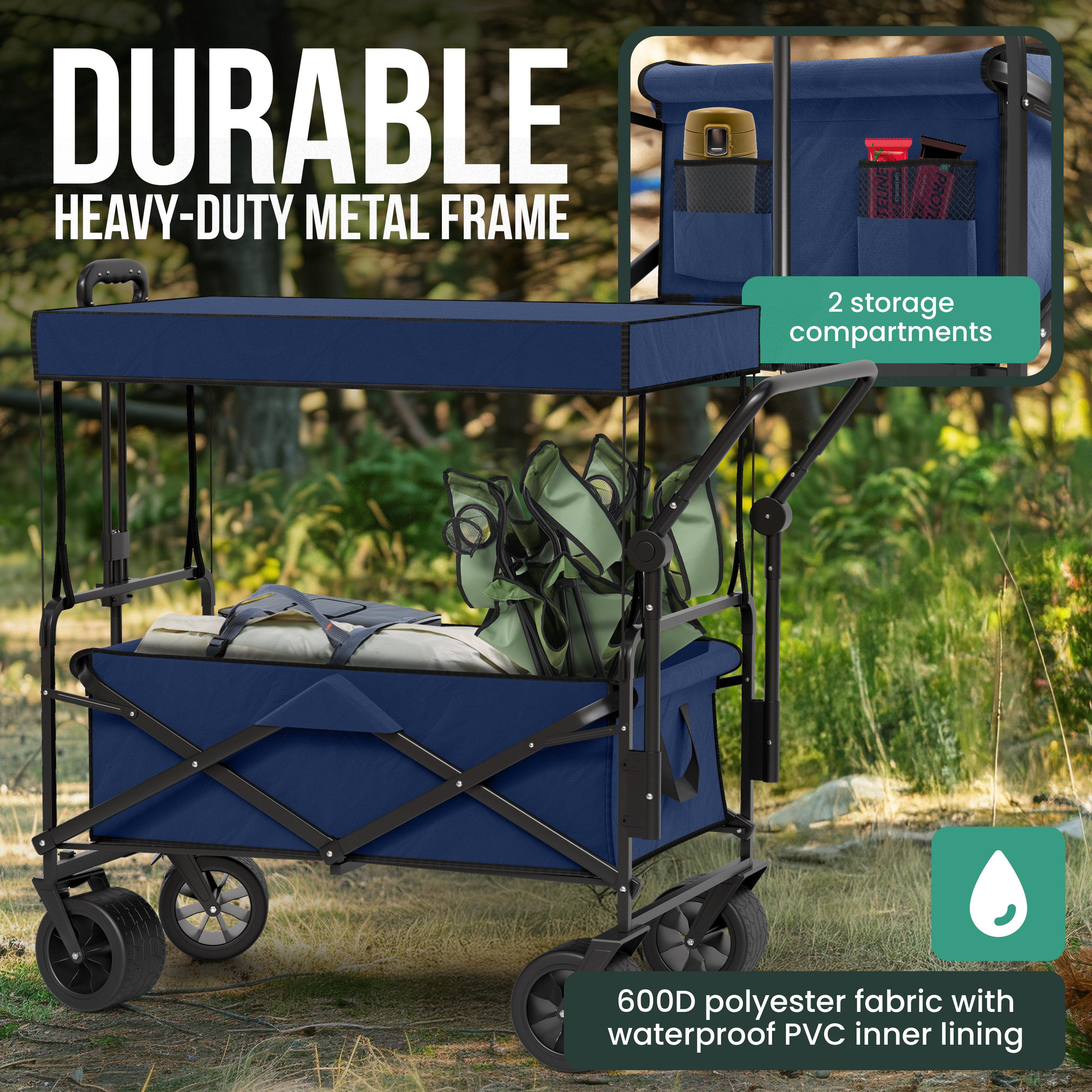 Dunkelblauer Outdoor-Wagen mit Verdeck, Sitzen und Stauraum.