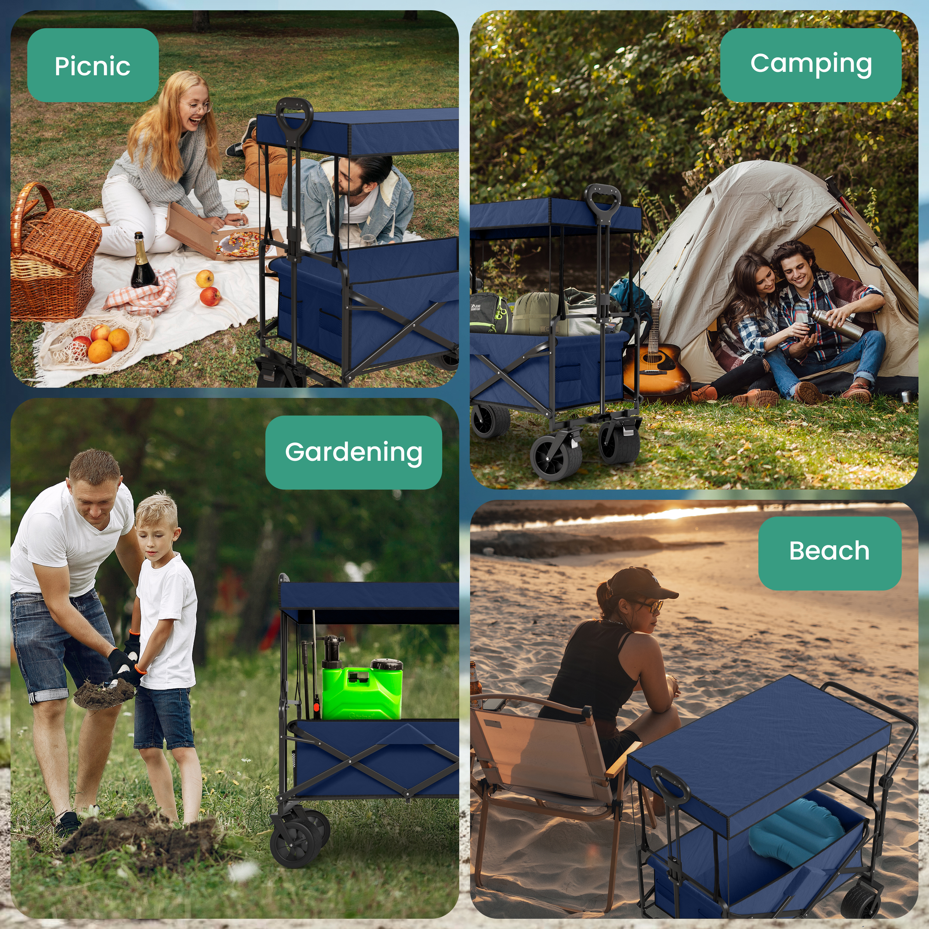 Eine Collage, die einen blauen Bollerwagen für Picknick-, Camping-, Garten- und Strandausflüge zeigt.