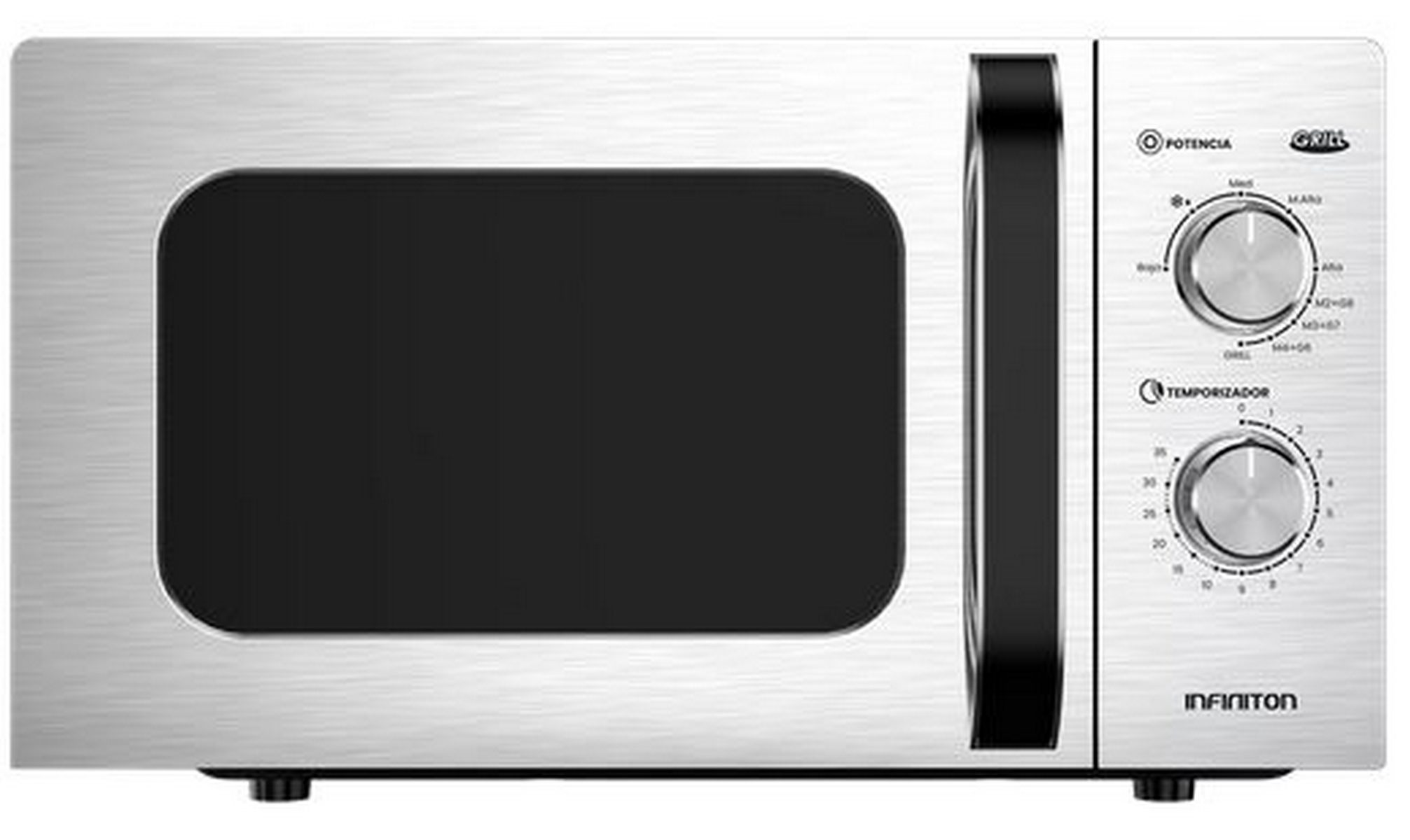Un microondas plateado con puerta negra y dos diales de control.