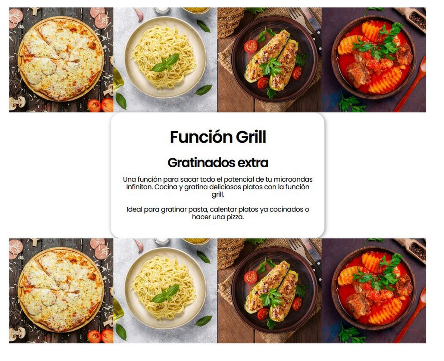 Se muestran calabacín asado, pizza, pasta y estofado.