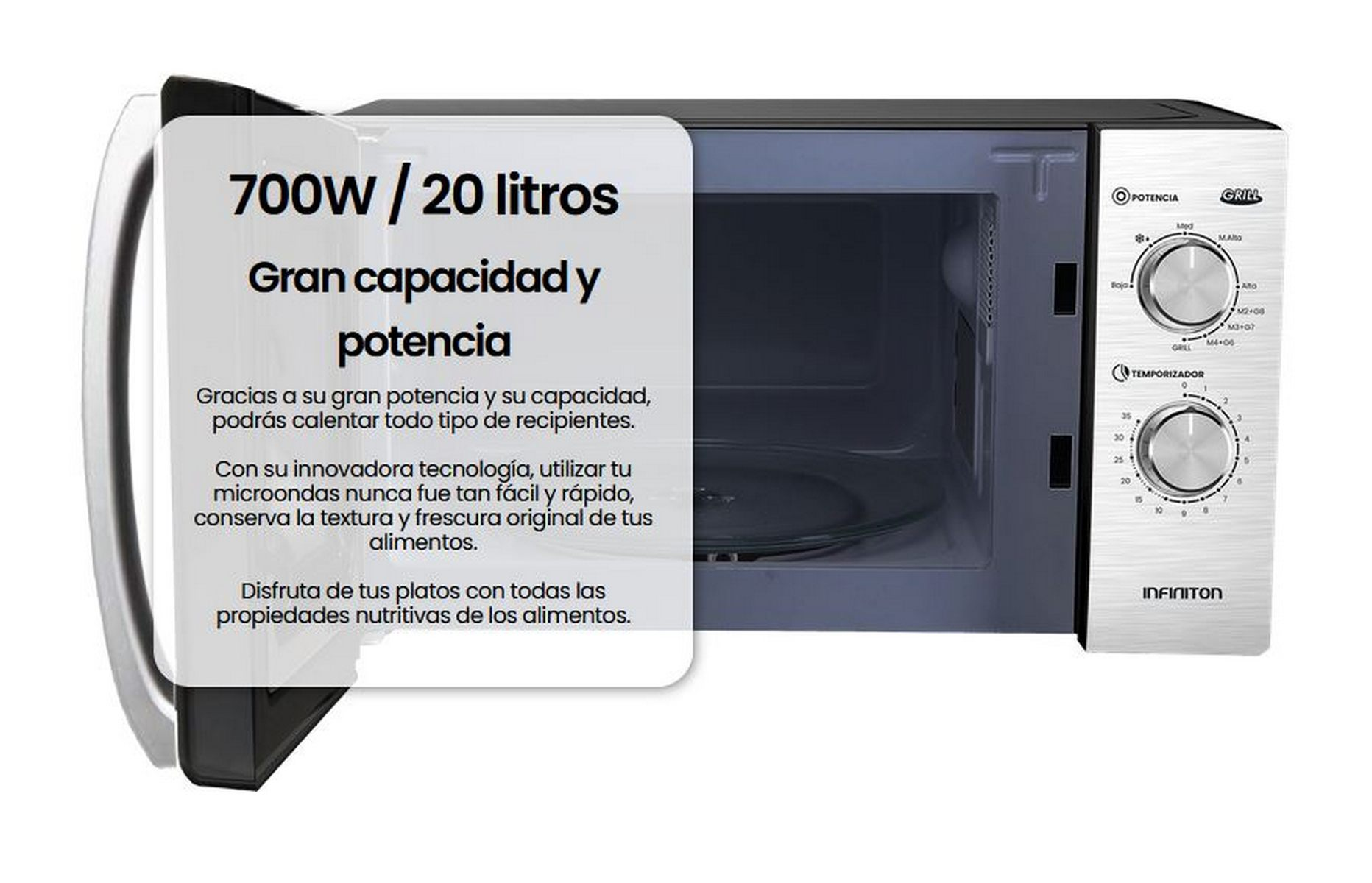 Un microondas plateado y negro con botones de control e información de texto.