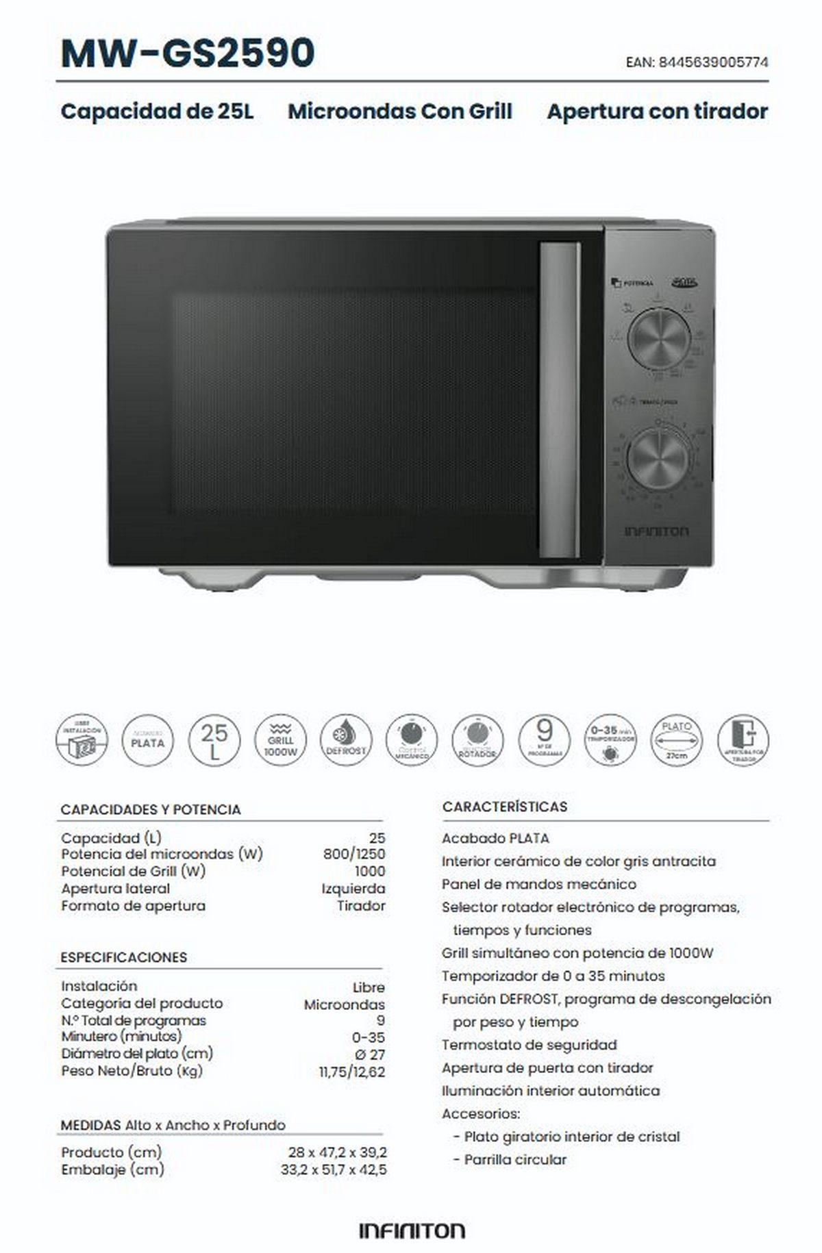Microondas plateado MW-GS2590, 25L, con grill y apertura de tirador.