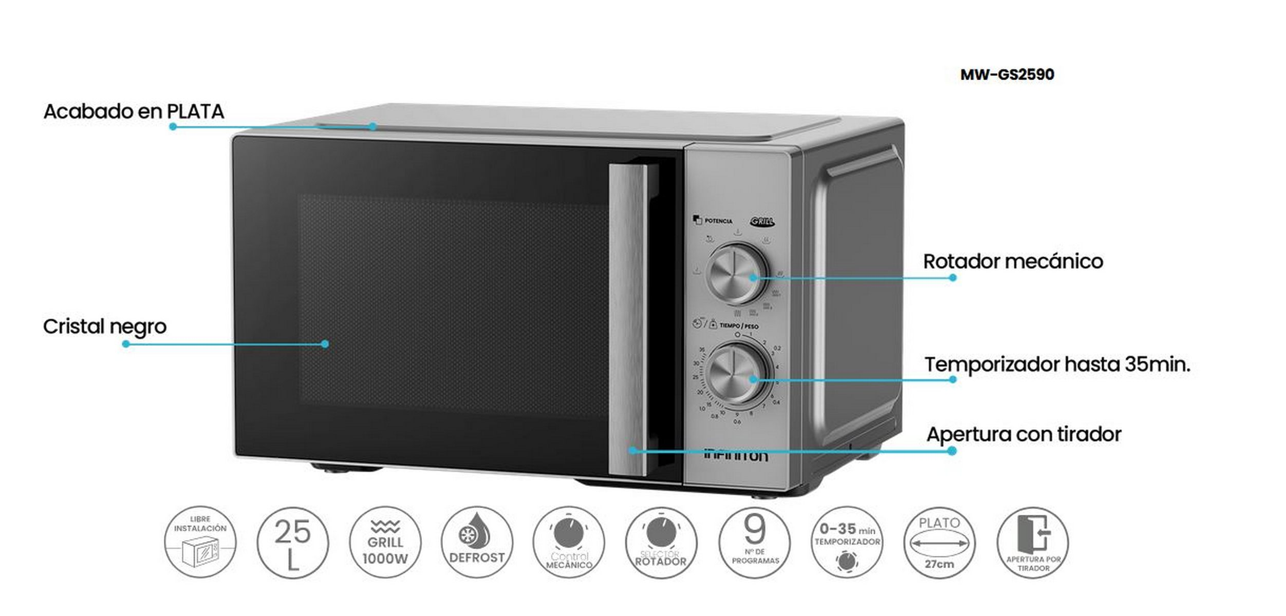 Horno microondas plateado con puerta de cristal negro y mandos giratorios.