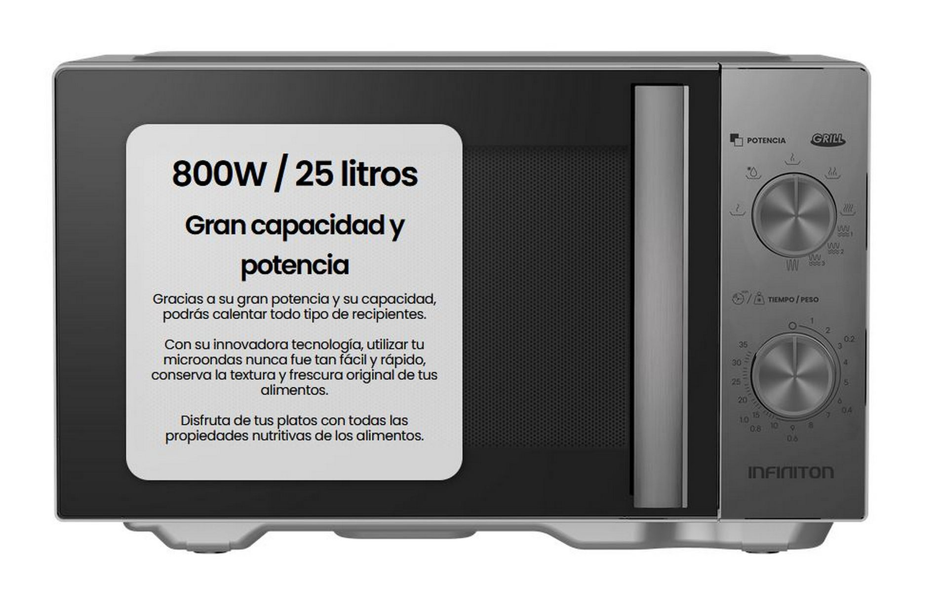 Horno microondas gris con panel de control y cuadro de texto.
