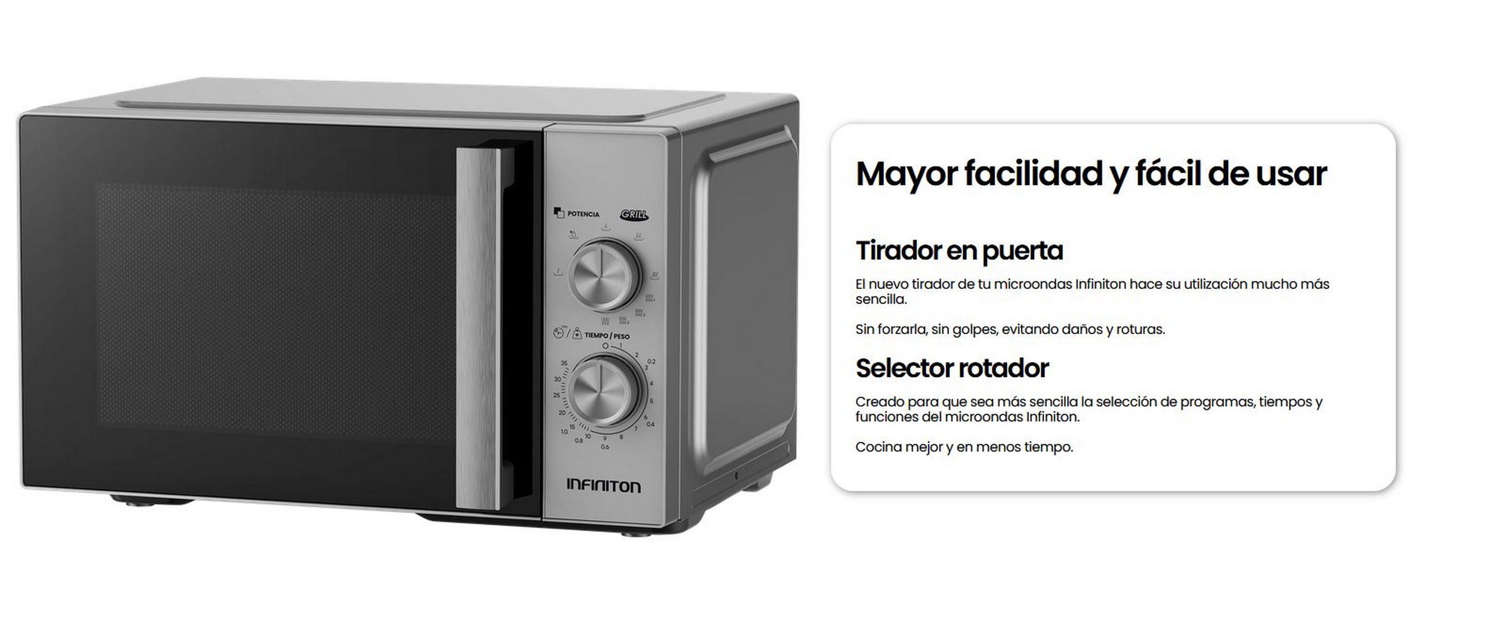 Microondas Infiniton plateado con puerta negra y mandos.