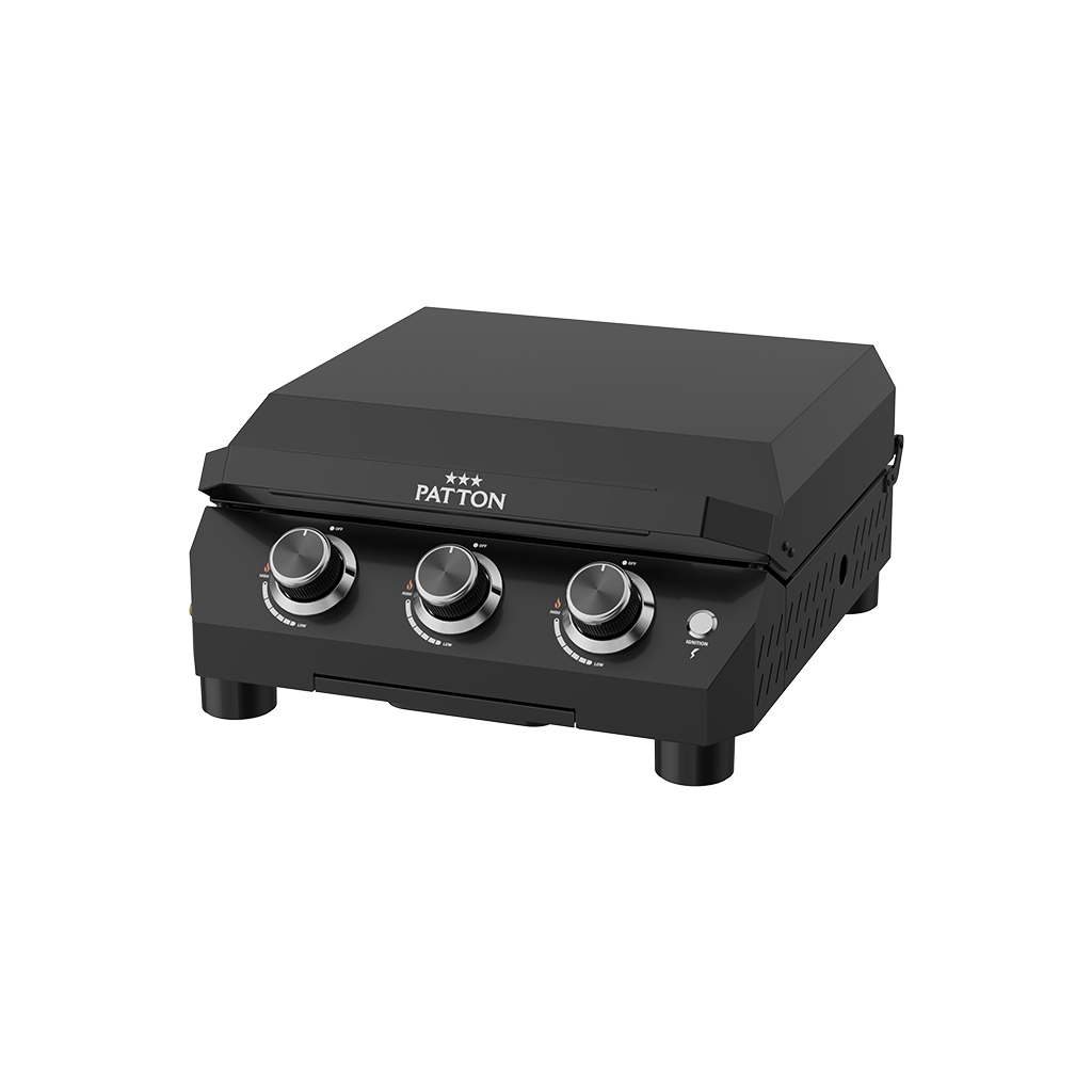 Zwarte gasgrill met drie knoppen en 'PATTON'-logo.