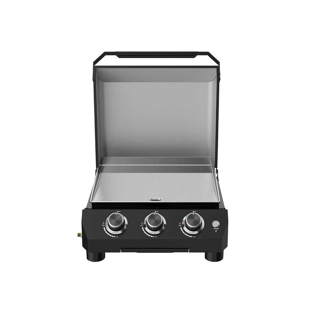 Een zwarte gasgrill met drie knoppen en een open deksel.