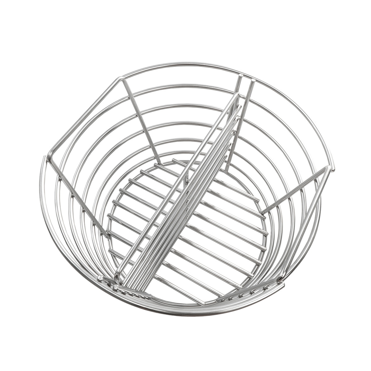 A round, silver wire basket with dividers, on a white background.