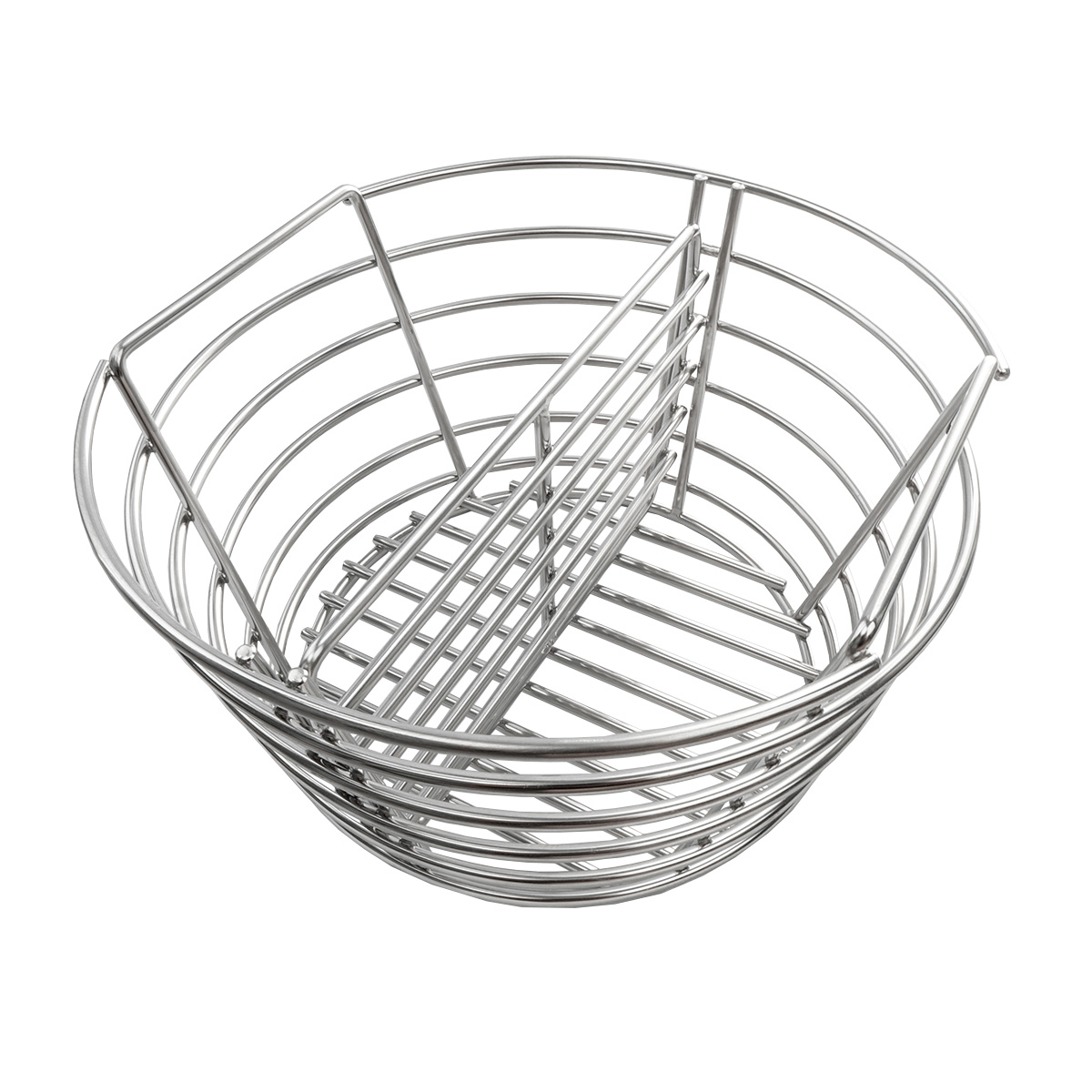 A round, silver wire basket with a divider on a white background.
